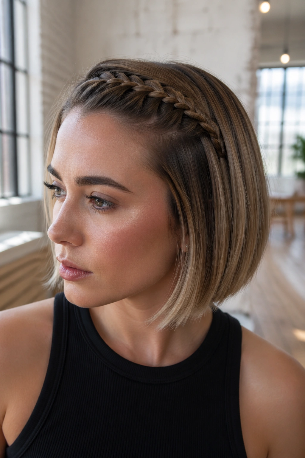 Close-up of micro crown braid on blunt bob in bright loft