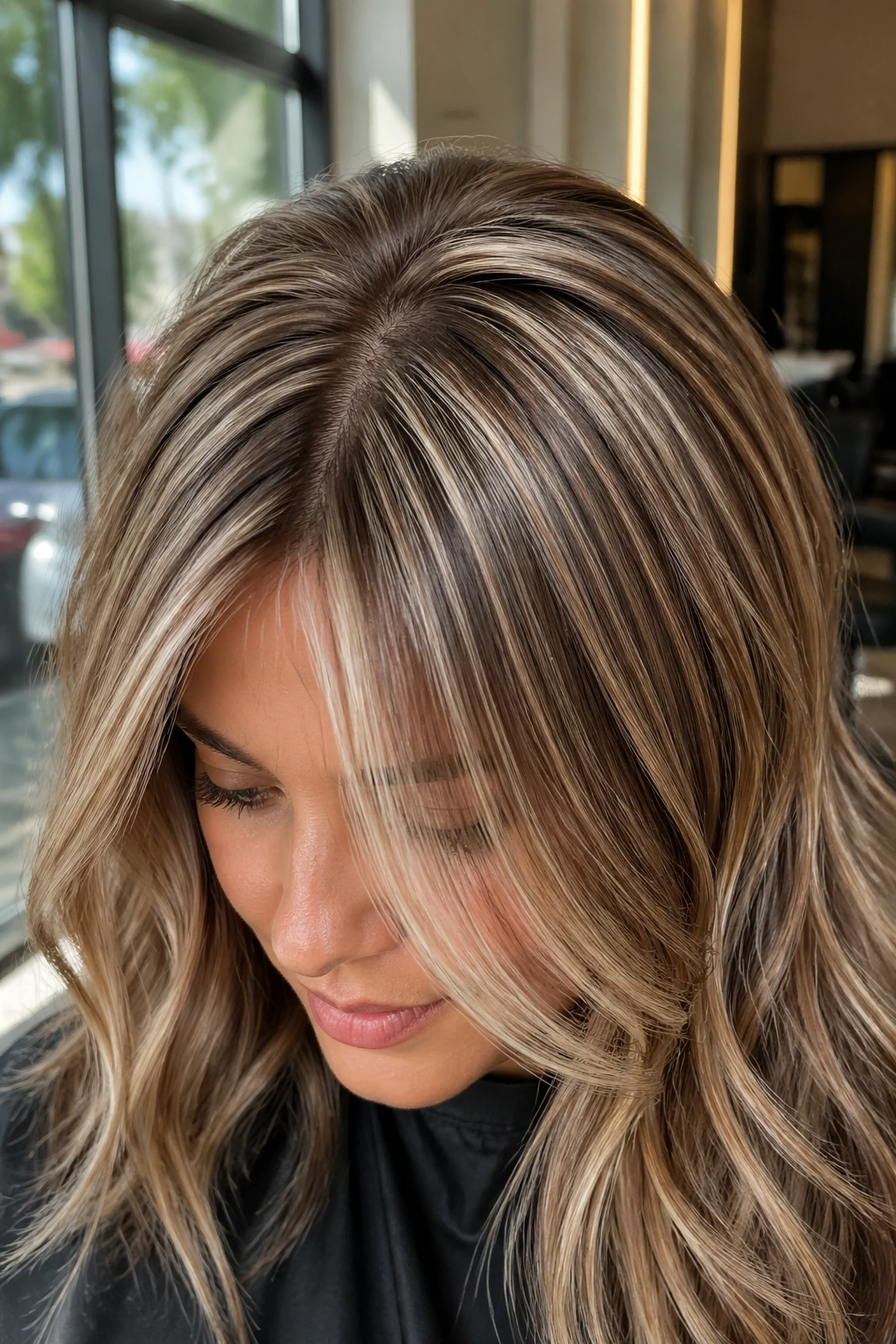 Close-up of crown highlights on light brown hair creating lift