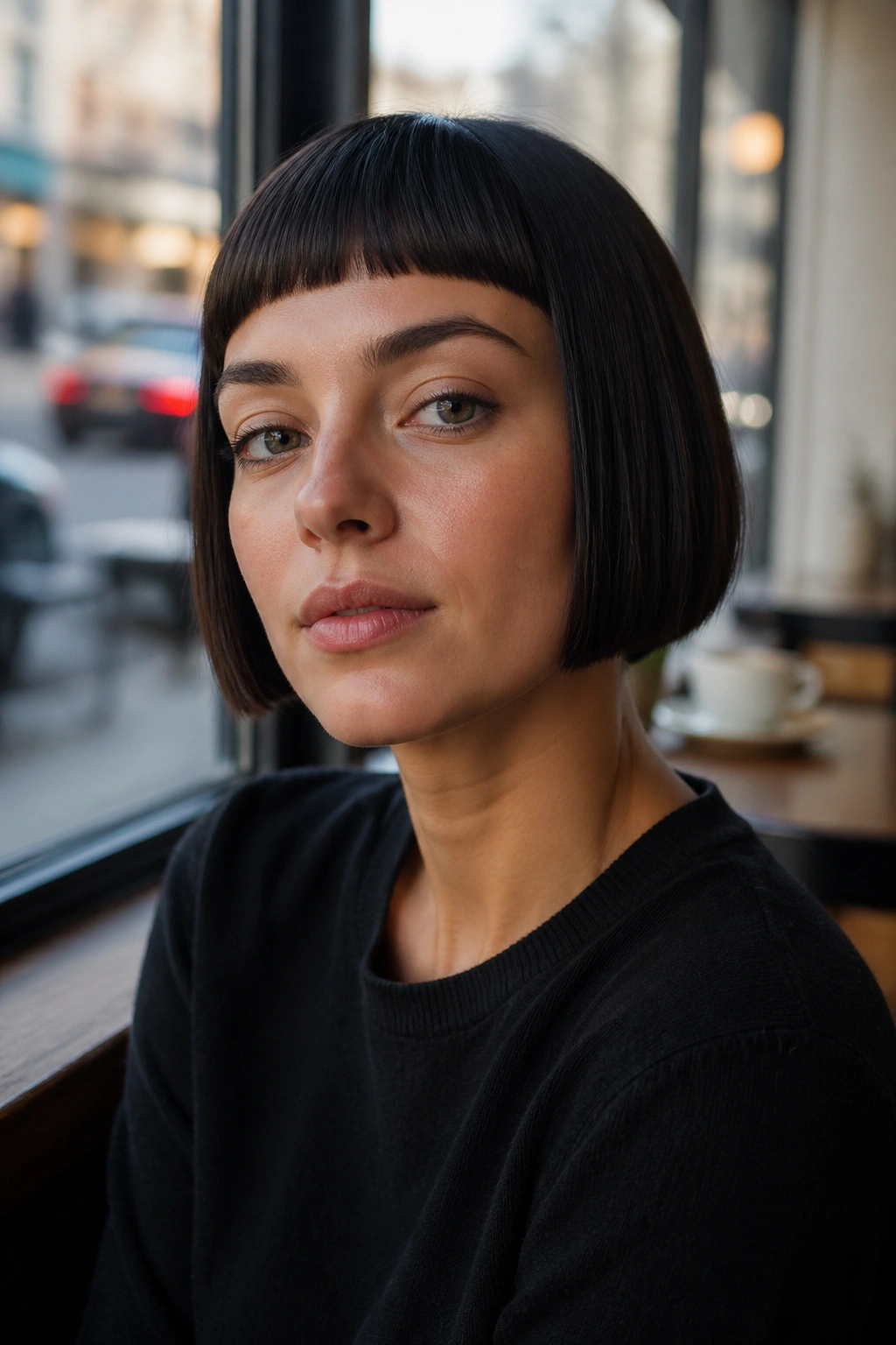Close-up portrait of a real person with a sleek micro-fringe bob on straight hair