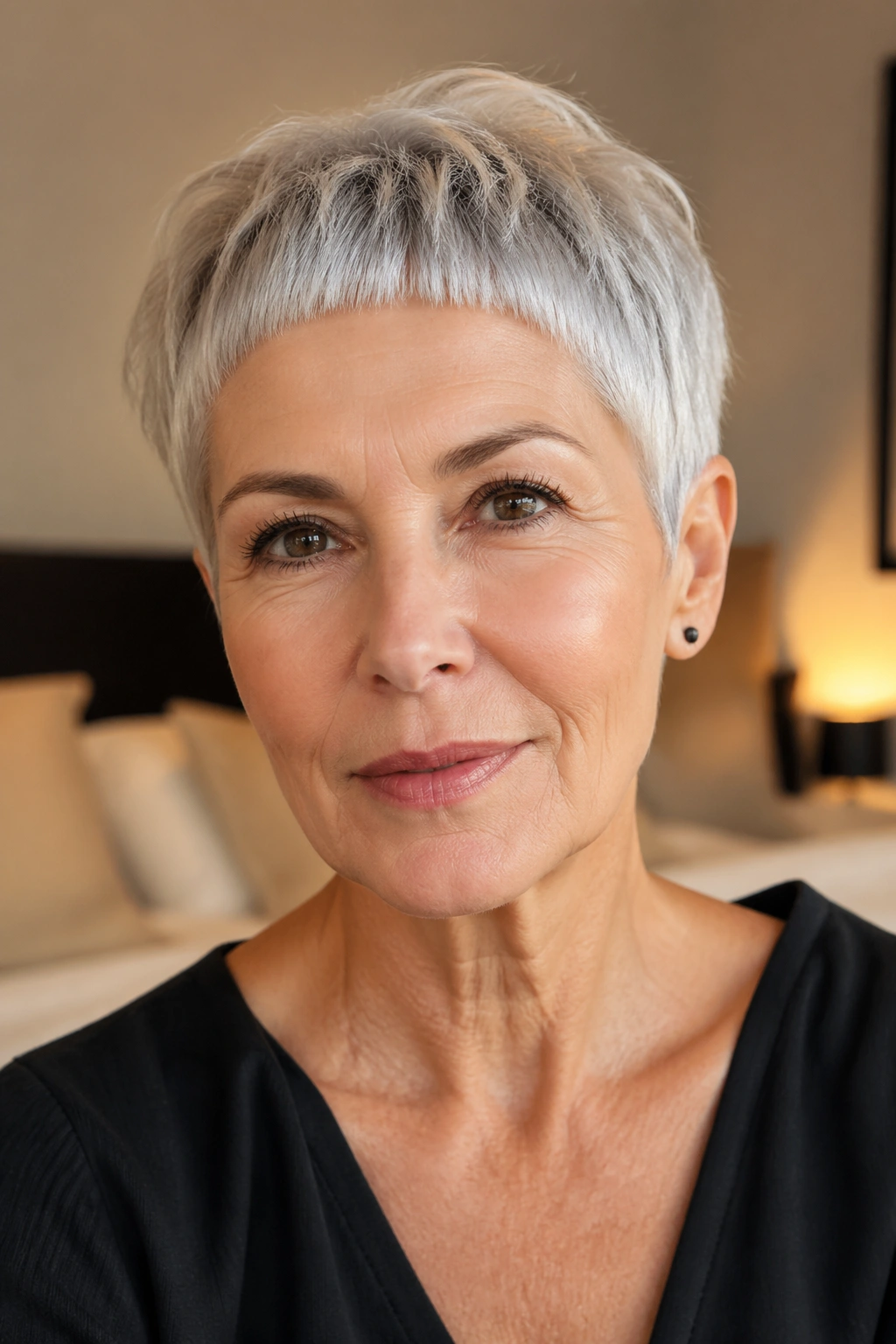 Close-up portrait of a real woman with micro fringe pixie hairstyle, short bangs above eyebrows