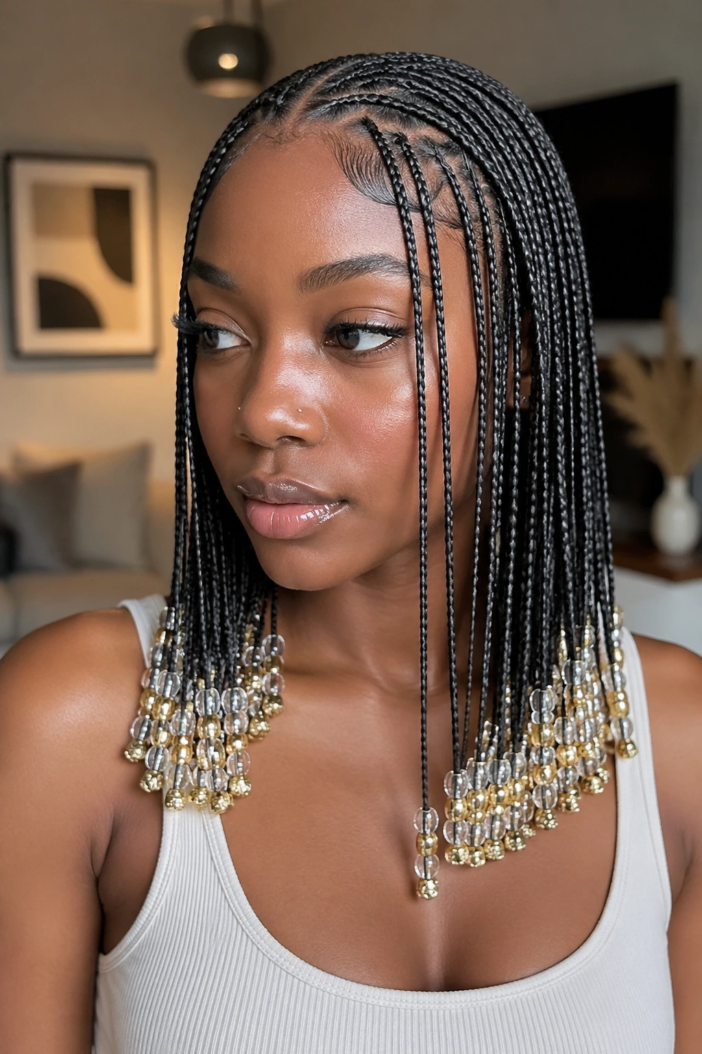 Real woman wearing micro Fulani braids with layered bead stacks.