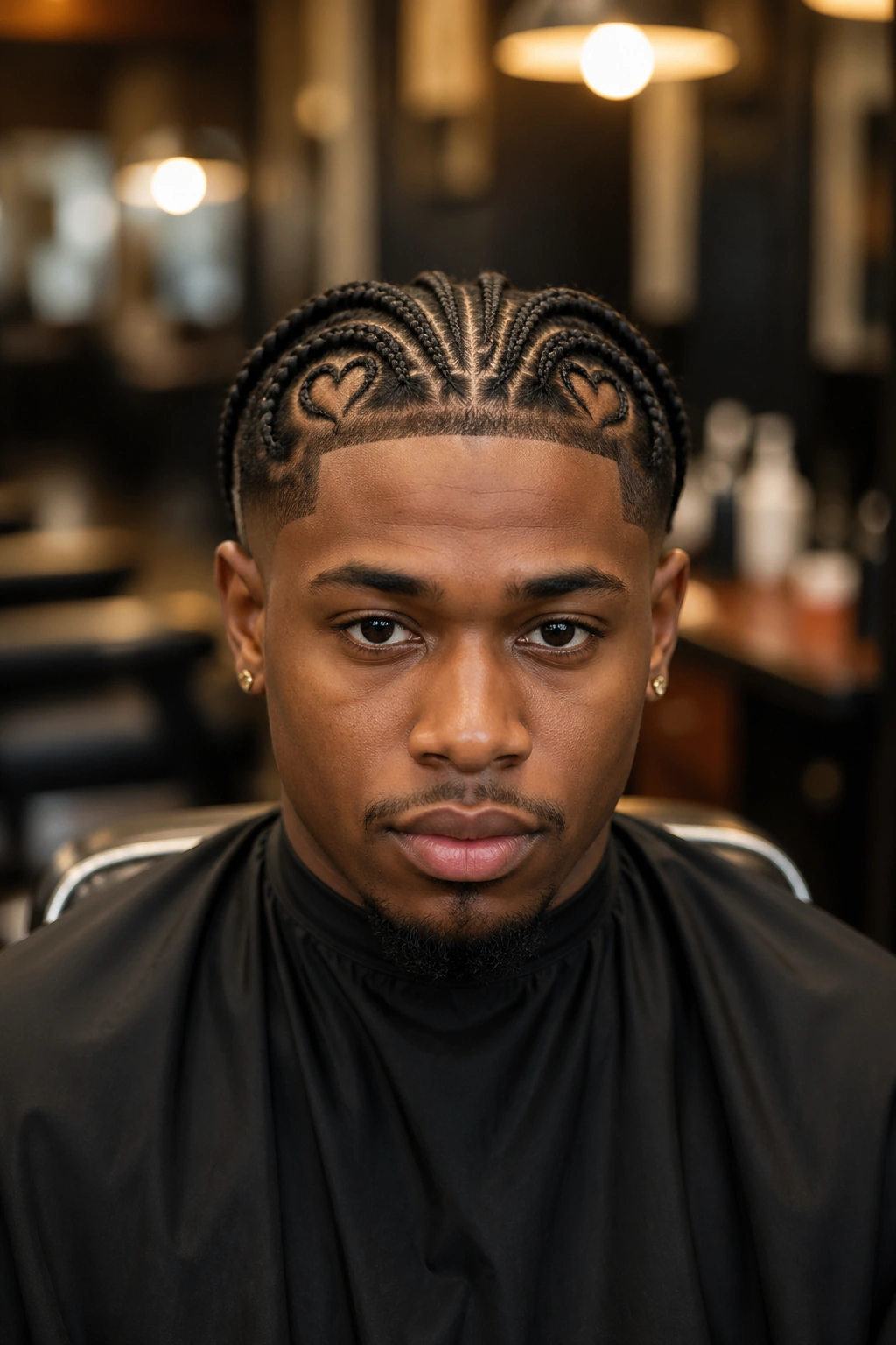Close-up of a man with two micro heart braids near the temples.