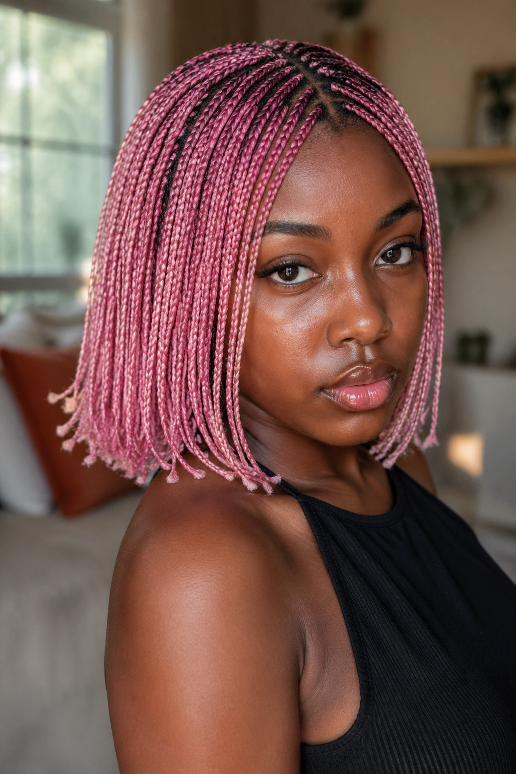 Close-up portrait of a woman with micro pink box braids.