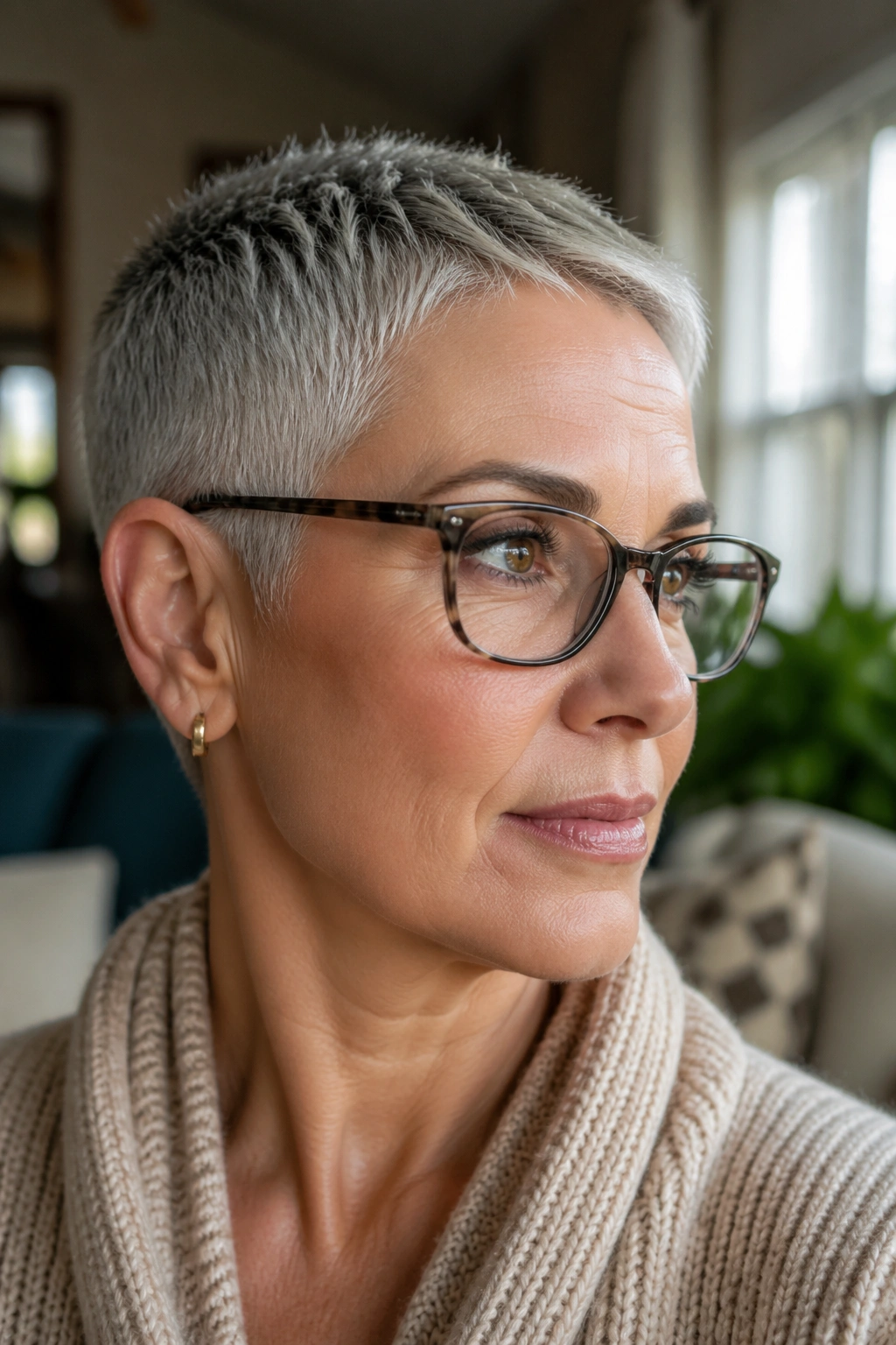 Close-up of a real woman's head with a micro pixie cut and sharp edges in natural window light