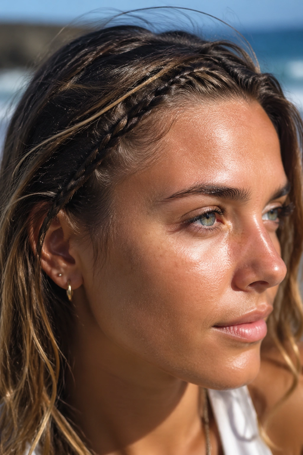 Close-up of micro rope accent braids at temples on real person at the beach
