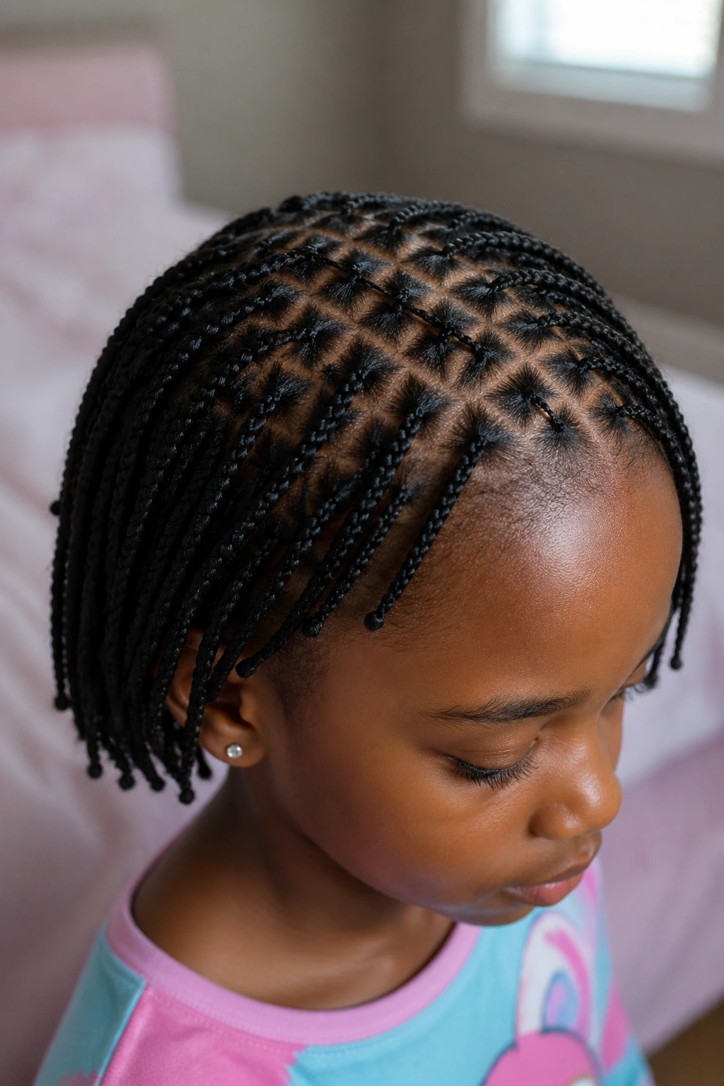 Close-up of a girl with micro short box braids in a cozy bedroom