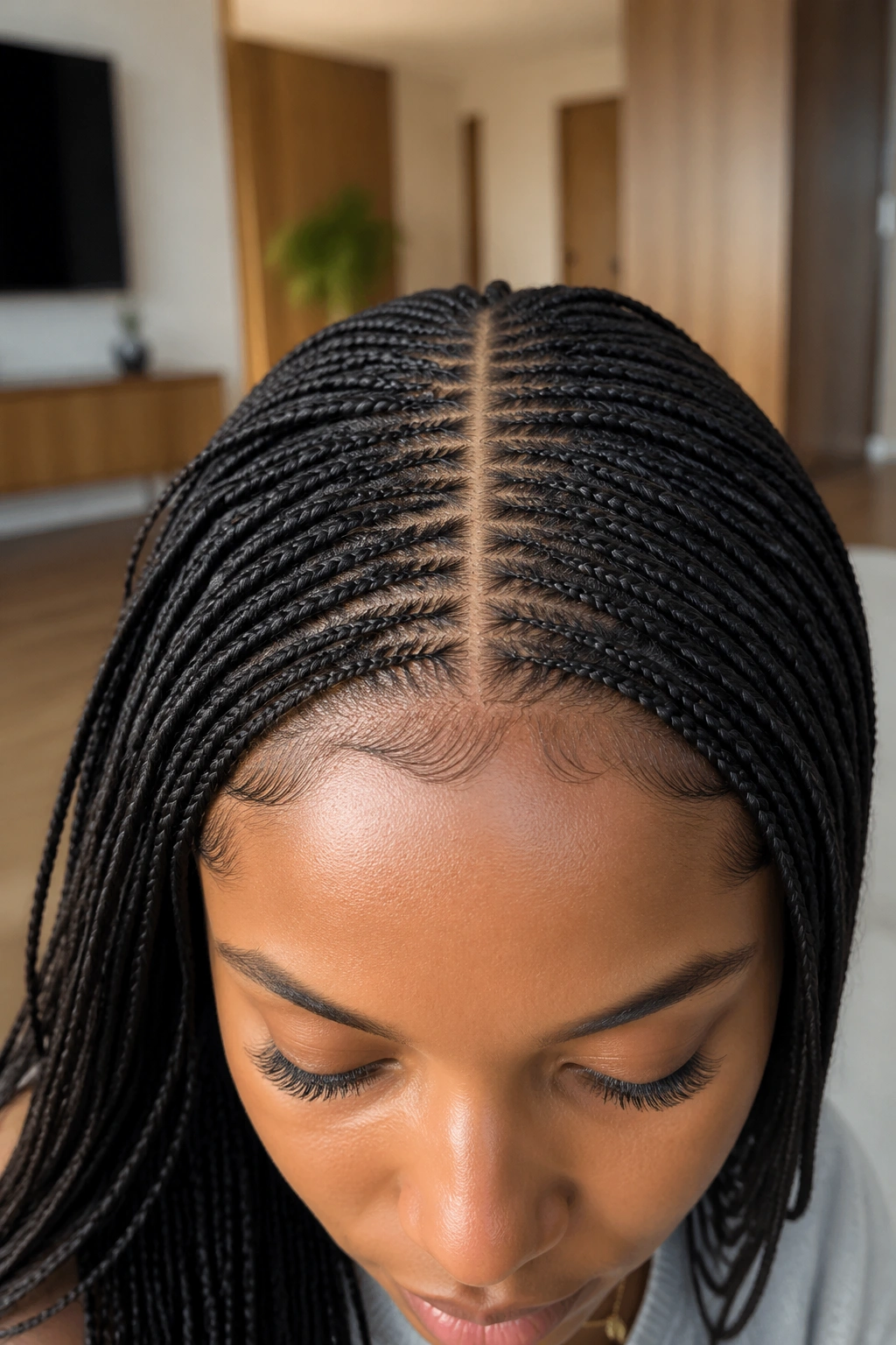 Dense micro stitch braids with fine center part on a real person