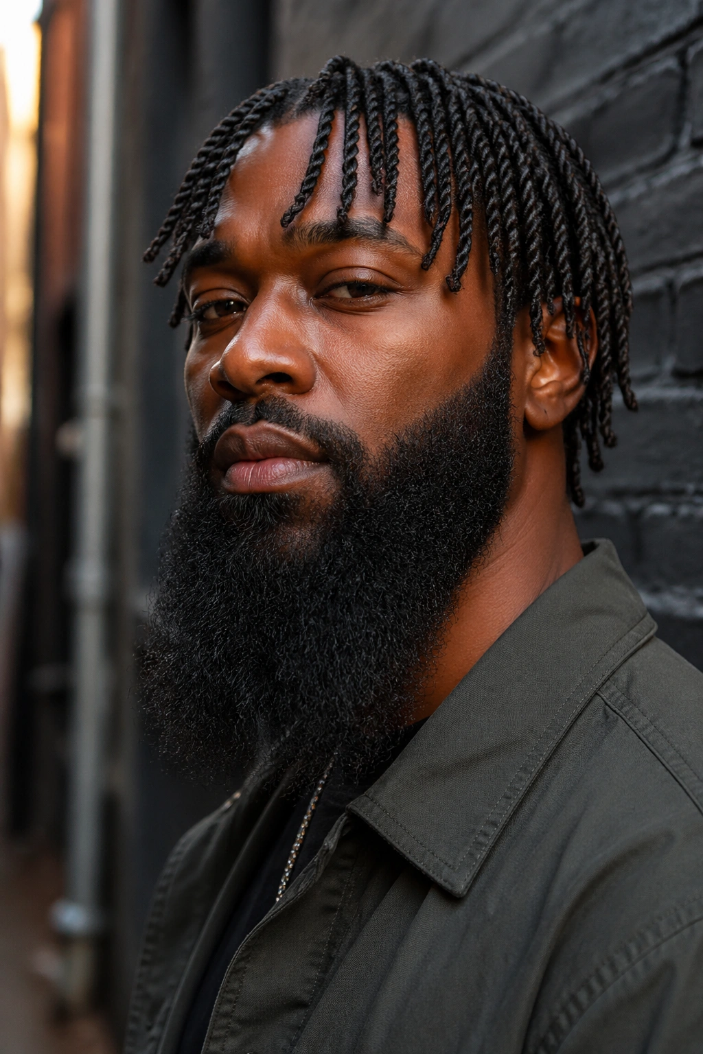 Man with micro twists and a dense beard in an urban alley at dusk