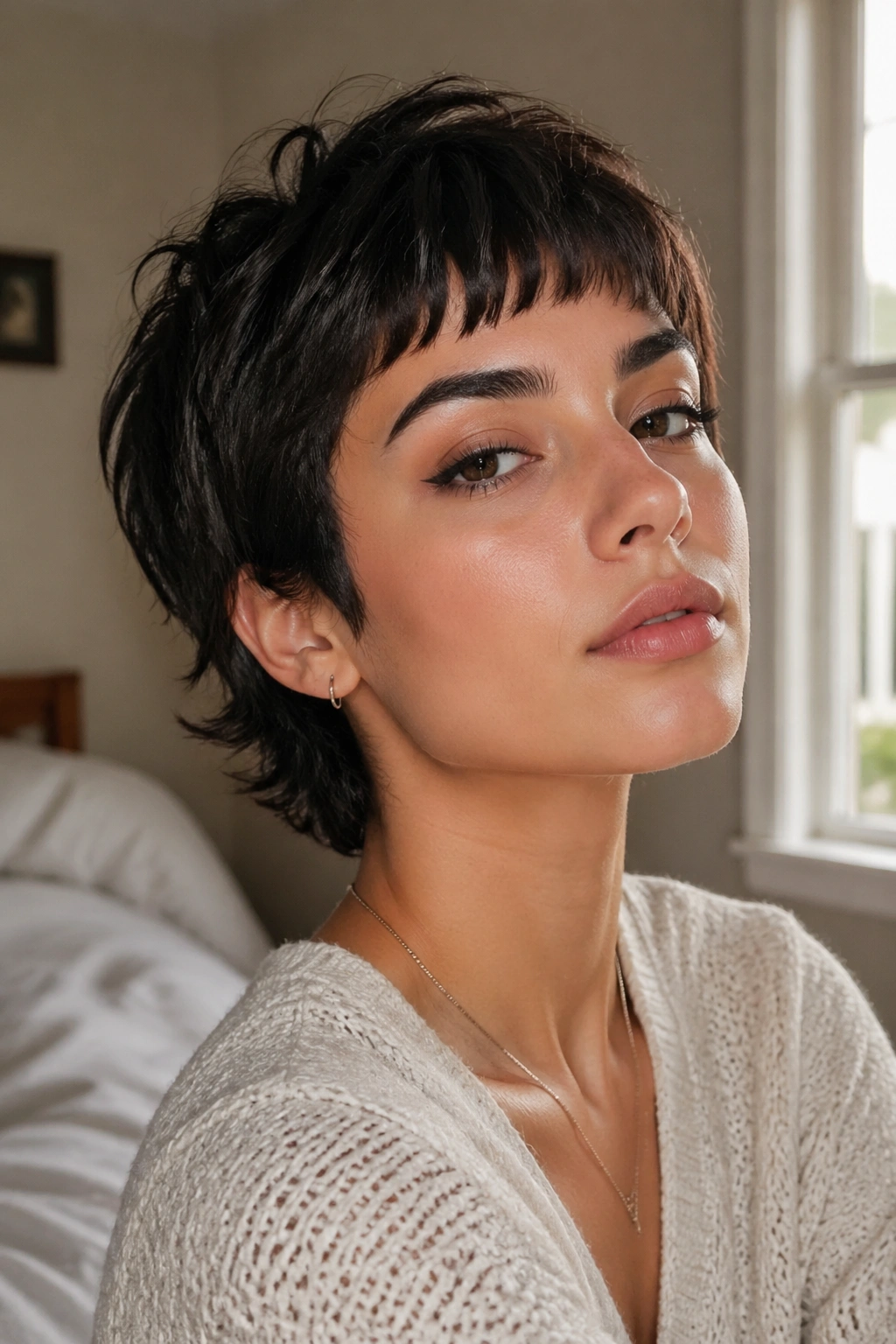 Close-up portrait of a real woman with micro bangs and bixie haircut highlighting a bold brow line