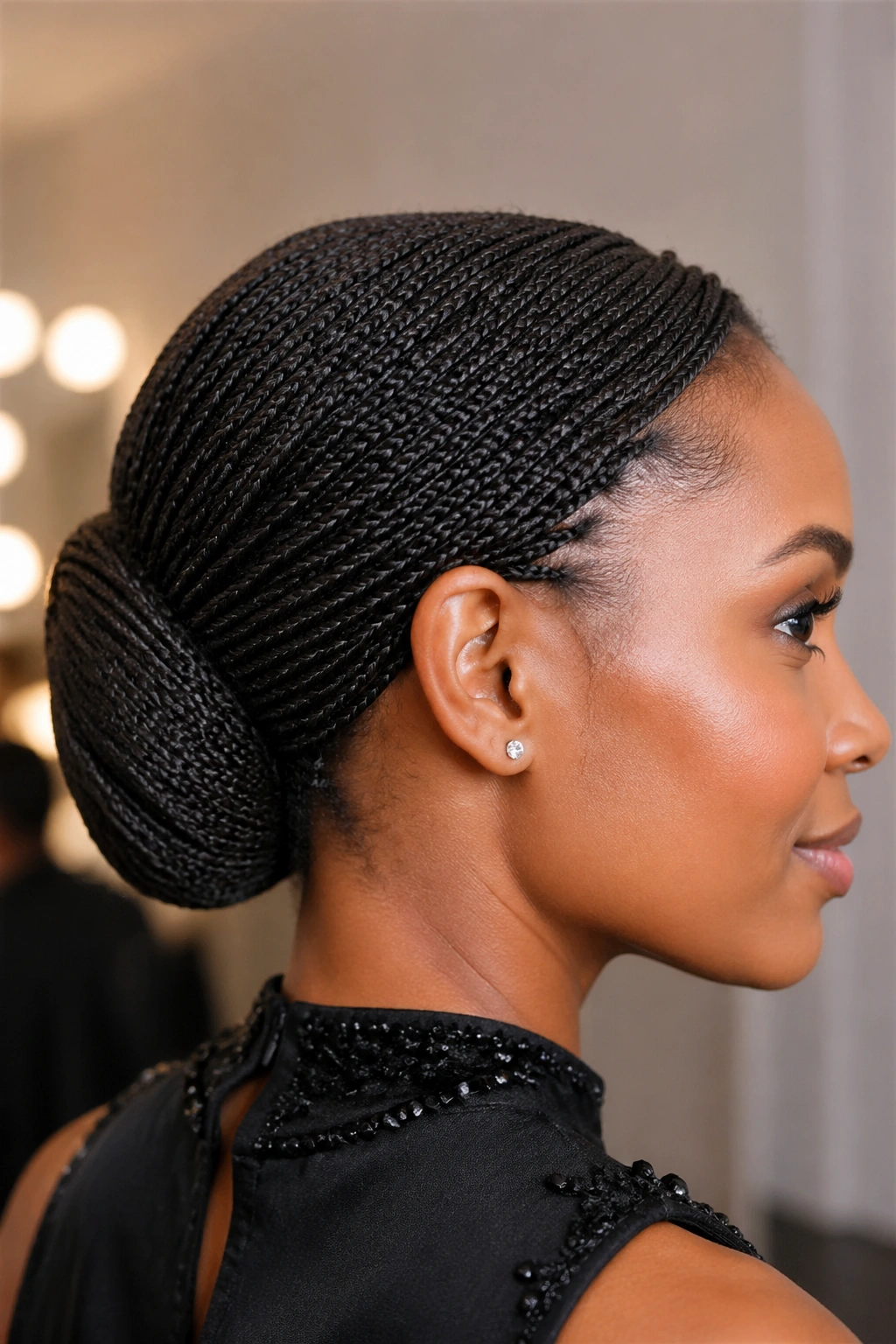 Close-up of a woman with a tucked shell bun created from microbraids