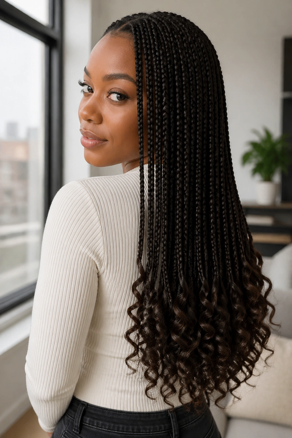 Portrait of a real woman with mid-back box braids and curly tips in natural light