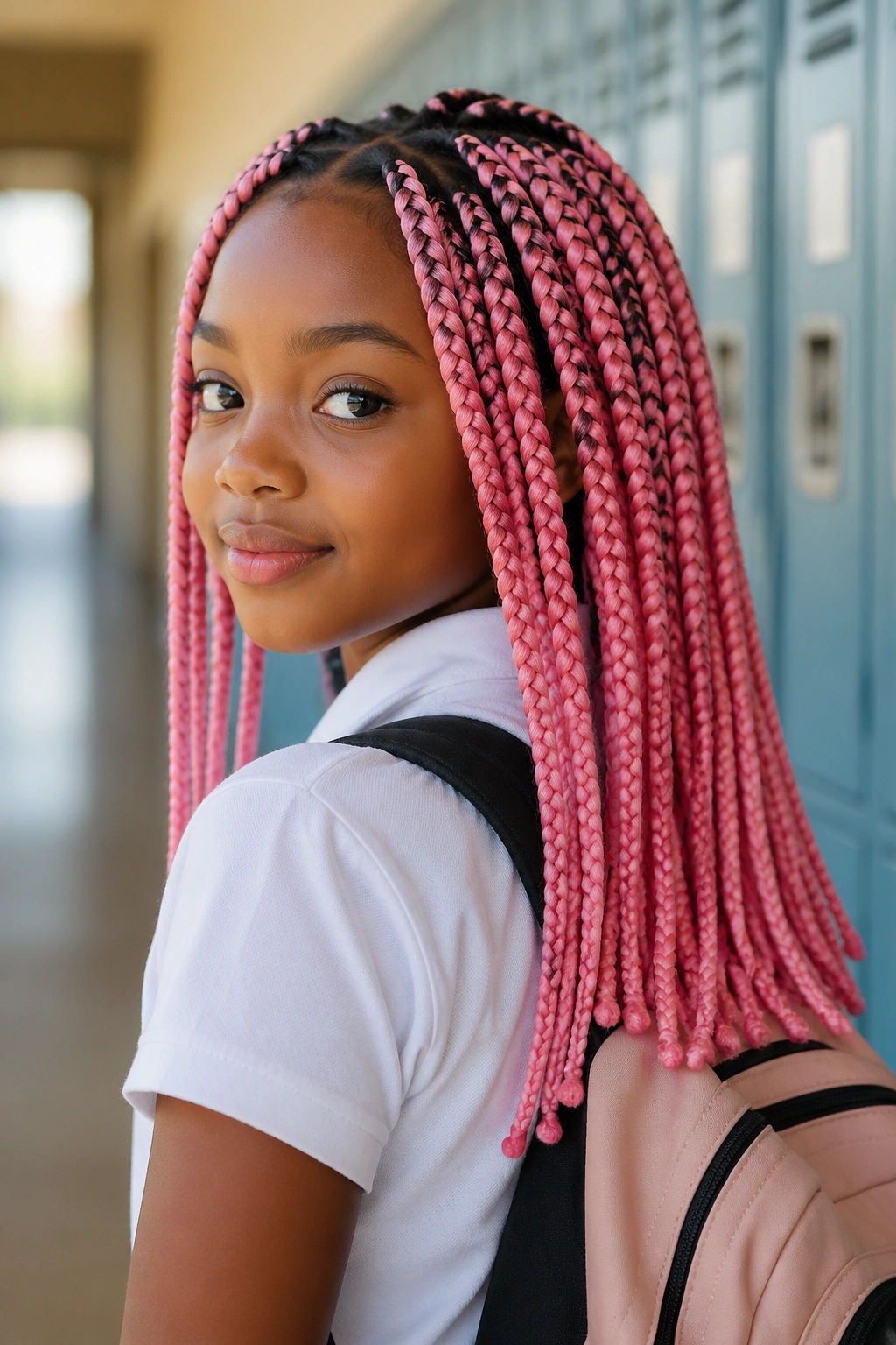 Portrait of a real child with mid-back pink box braids in a school setting