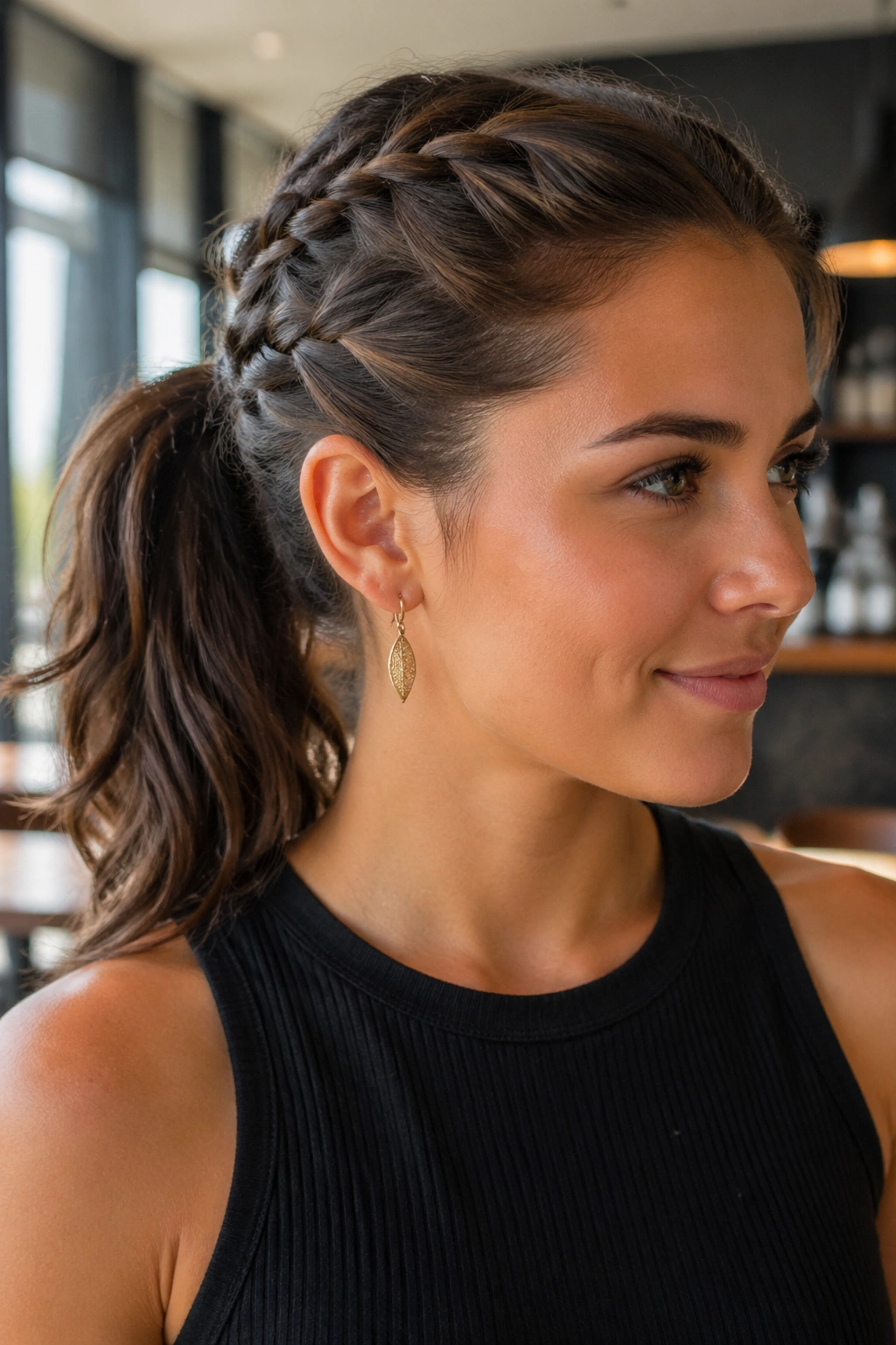 Close-up of a real woman with mid-height twist braids into a ponytail in a cafe.