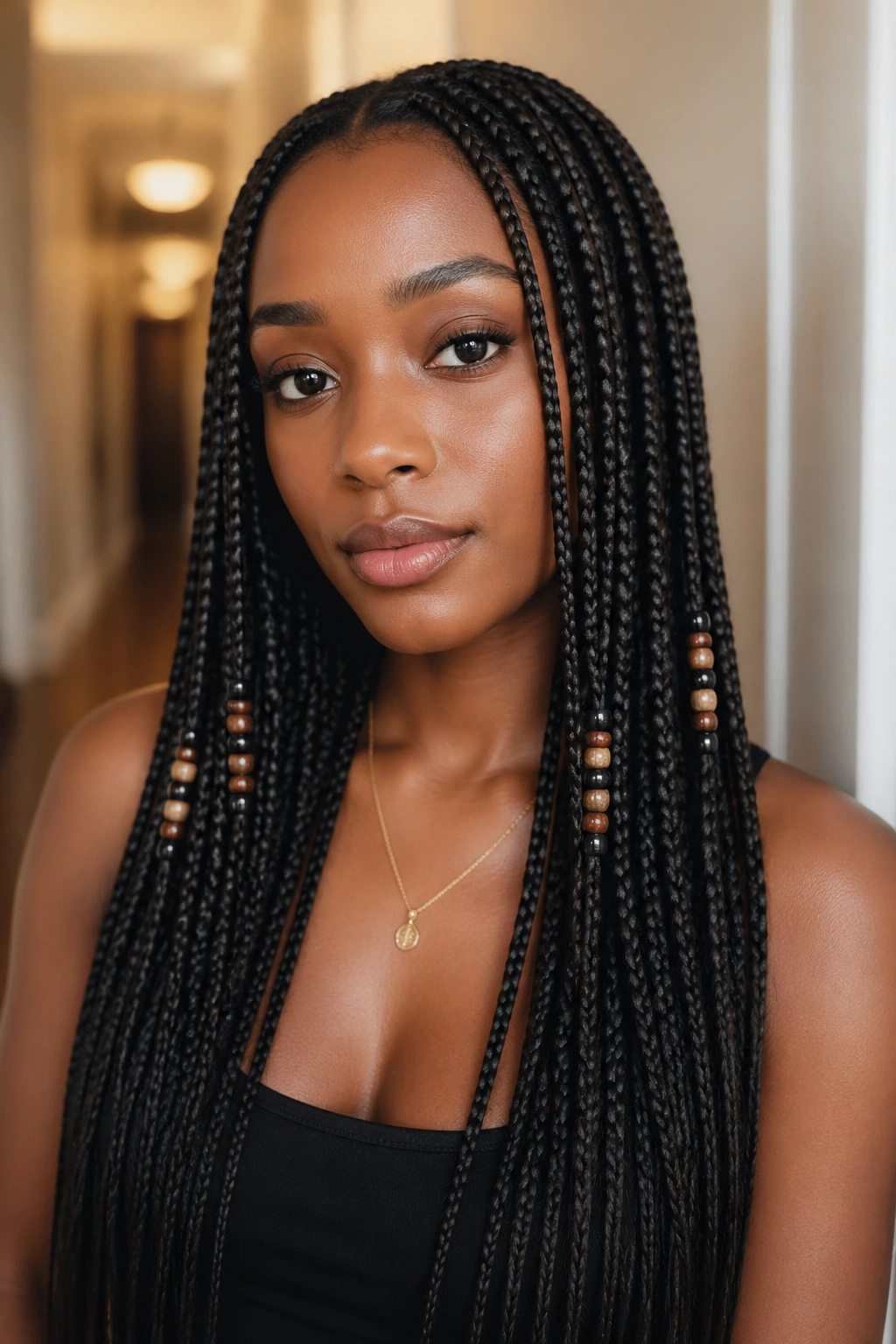 Beads mid-length on long knotless box braids on real person