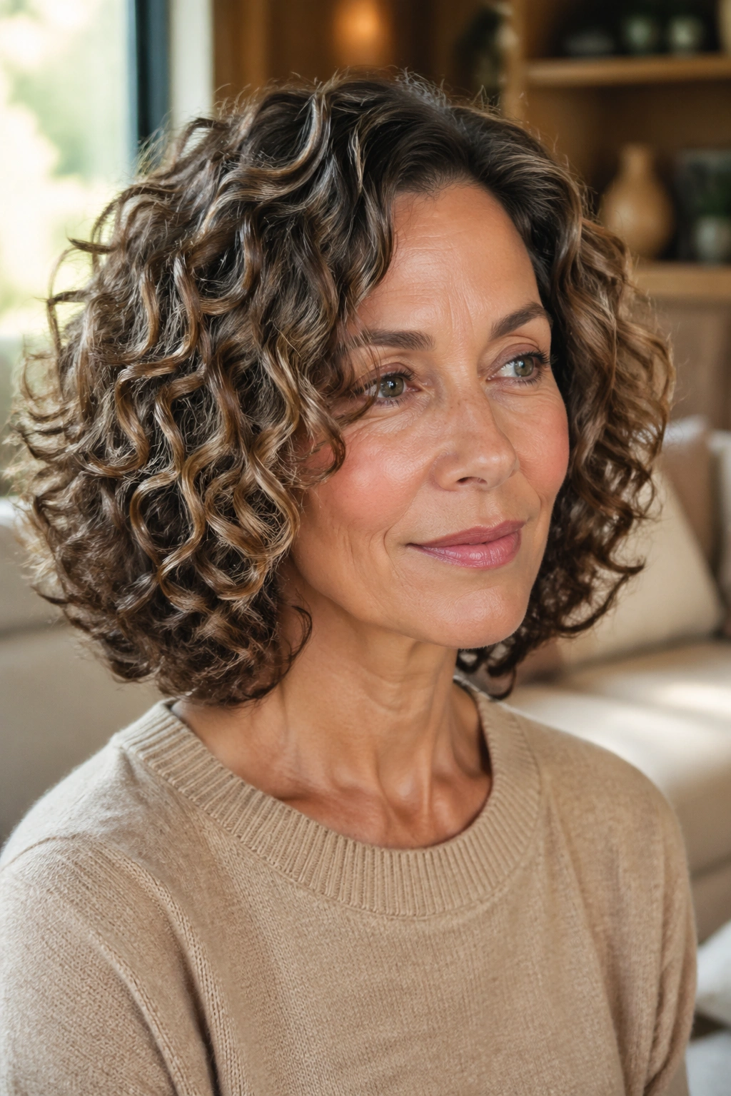 Close-up of a real woman showing mid-length curls in a rounded silhouette with natural window light
