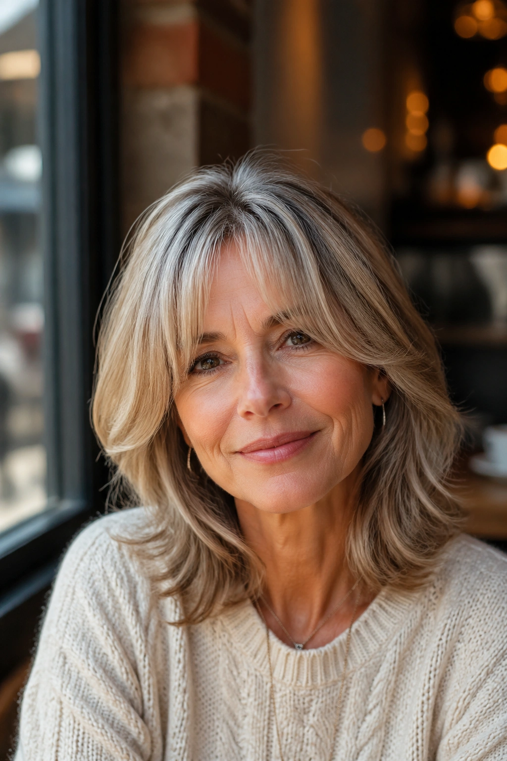 Close-up of a real woman with mid-length layers and curtain fringe in warm cafe light