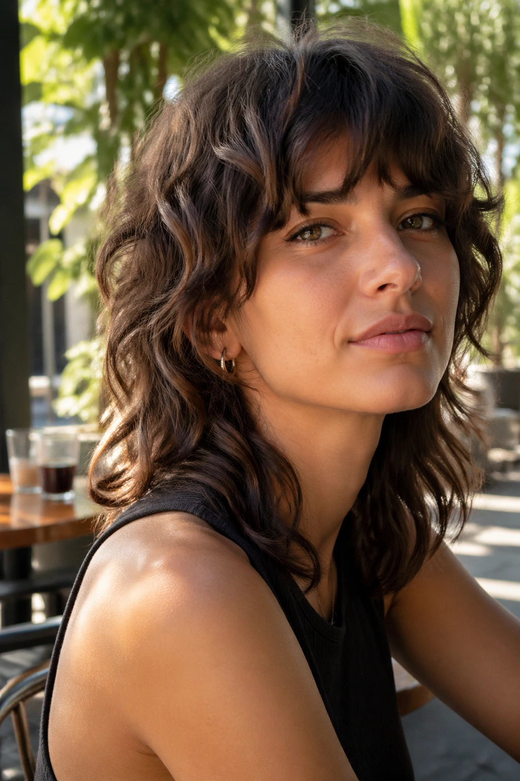 Portrait of person with shoulder-length wavy mullet in natural sunlight