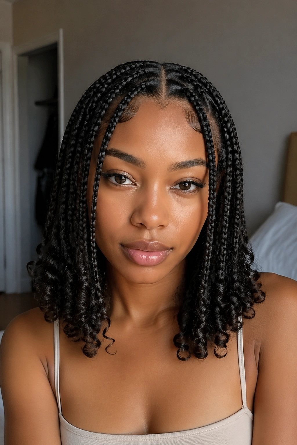 Close-up of a real woman with classic middle-part knotless braids and curly ends