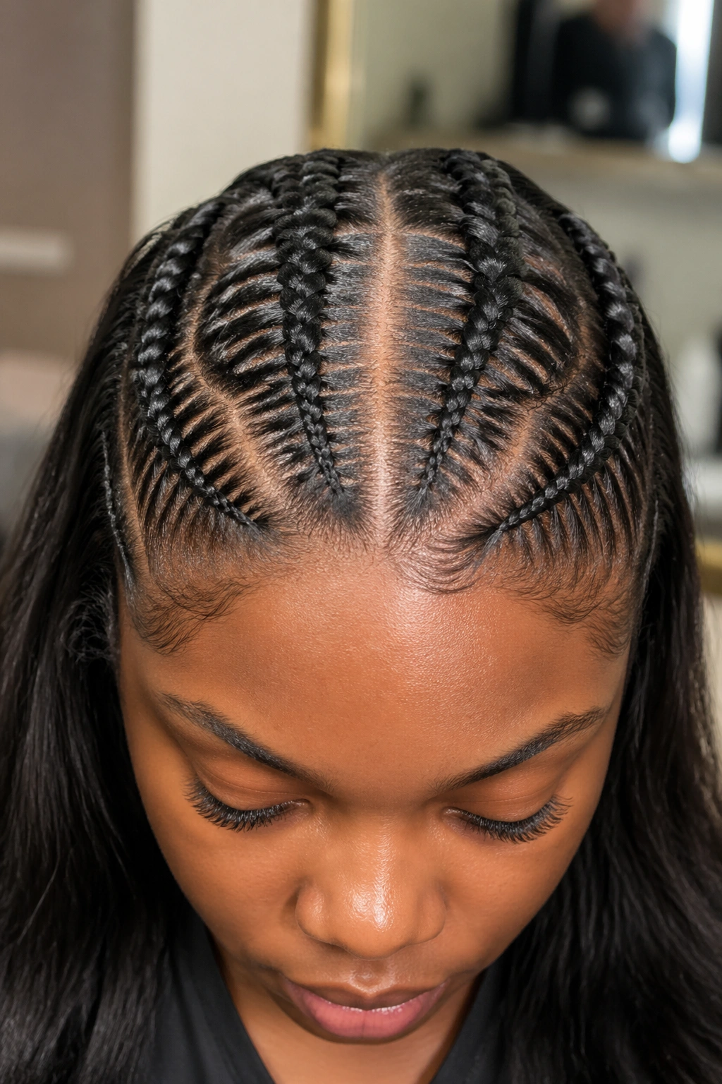 Front close-up of middle-part braids on a real person
