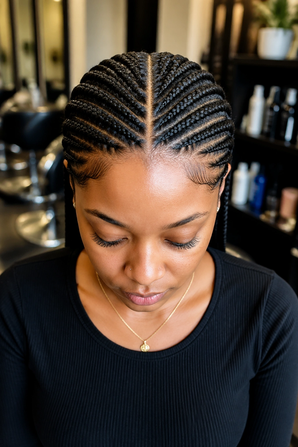 Close-up of a real person with a centered middle-part cornrow base under natural light.