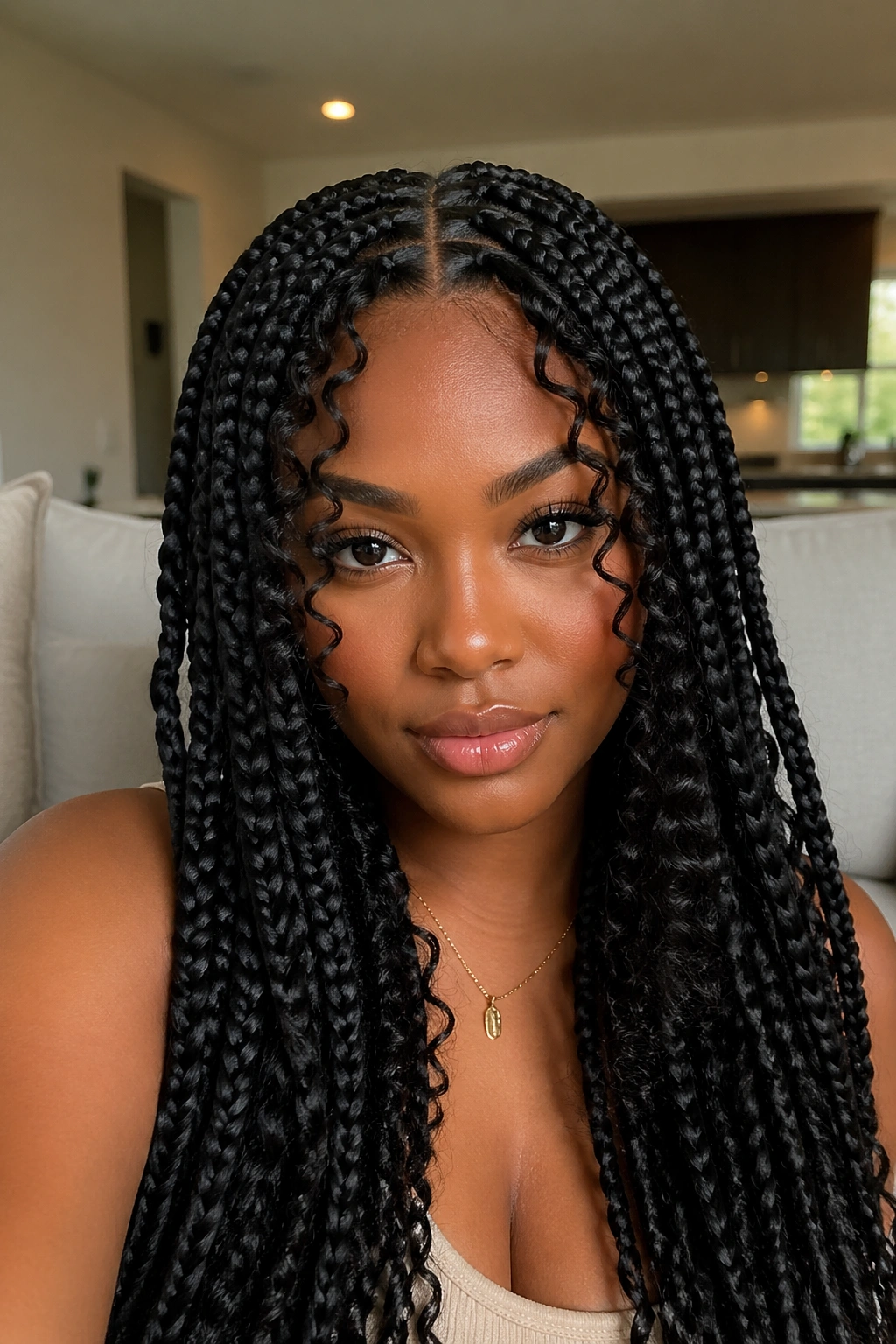 Real woman with middle-part jumbo braids and curtain curls framing the cheeks