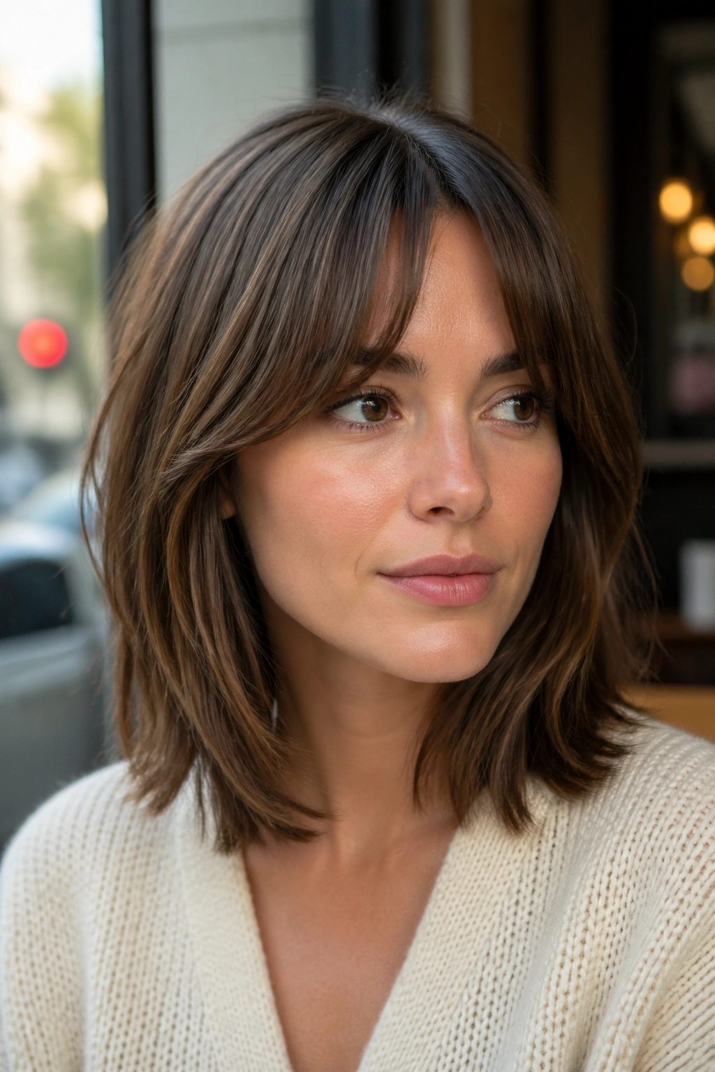 Portrait of a woman with a midi cut and bottleneck bangs, bangs narrow at center and widen at temples.