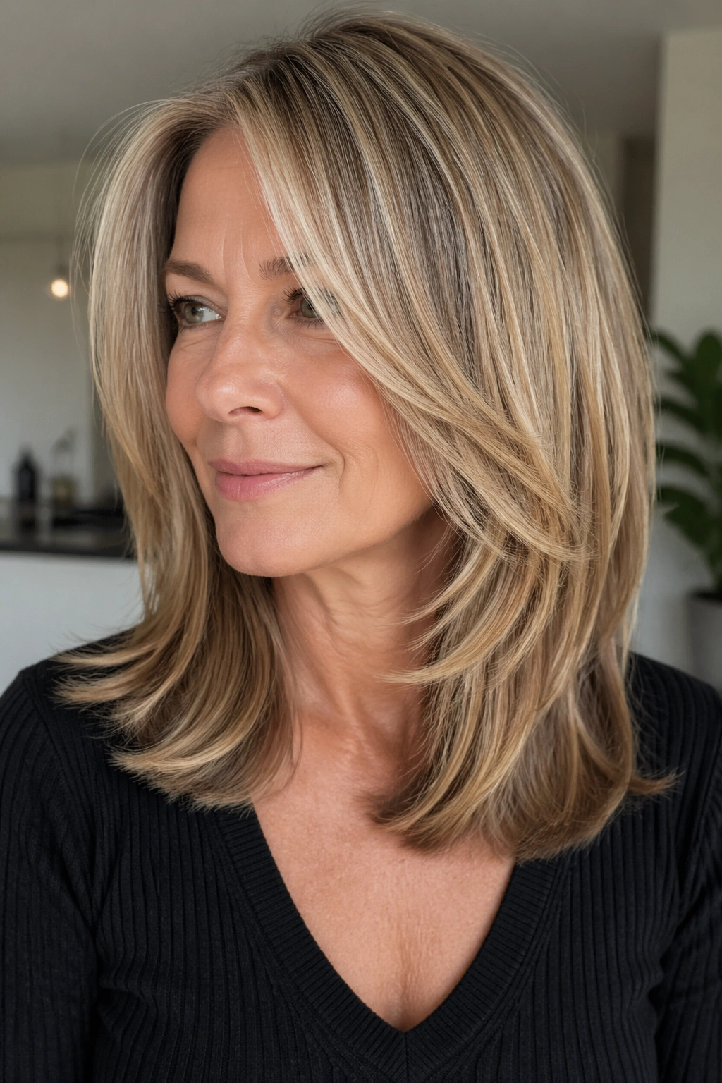 Close-up portrait of a real woman wearing a midi cut with internal layers.