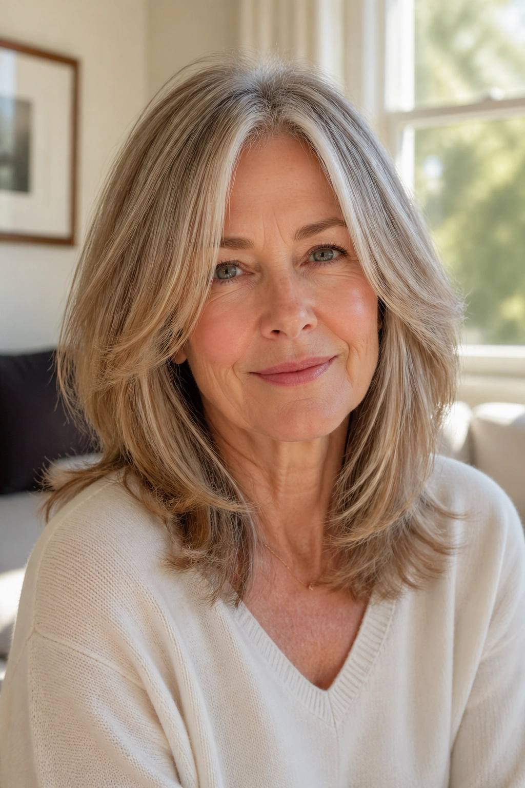 Portrait of a real woman with midlength hair and long soft layers in sunlit room.