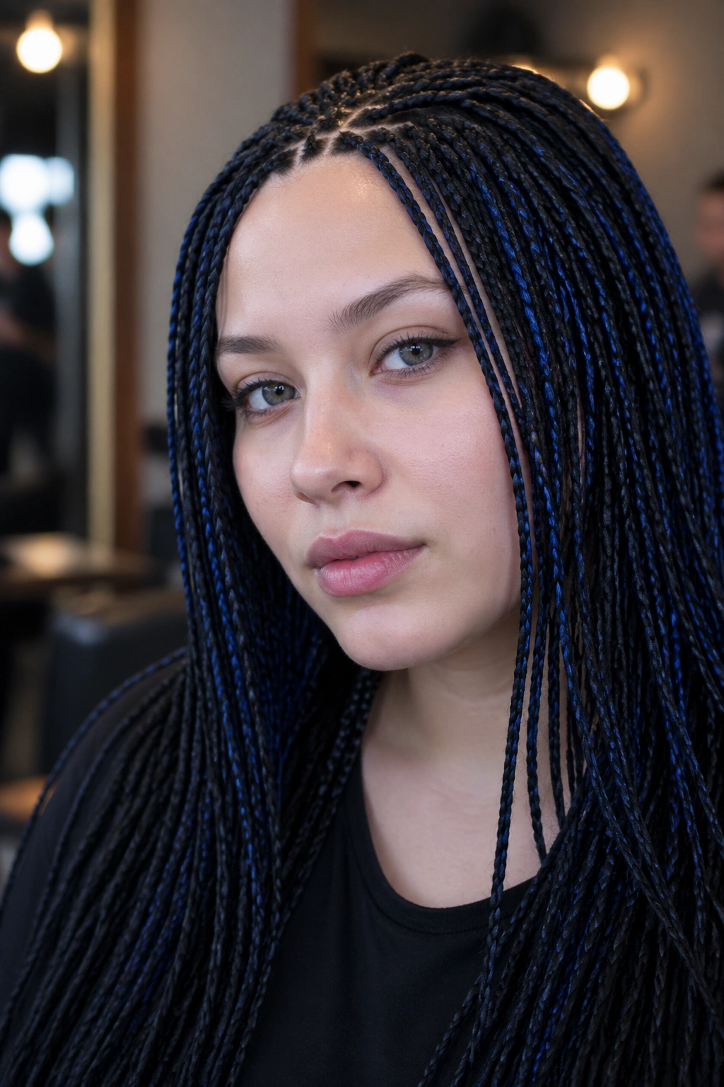 Close-up of a real woman with midnight blue and black micro braids framing her face