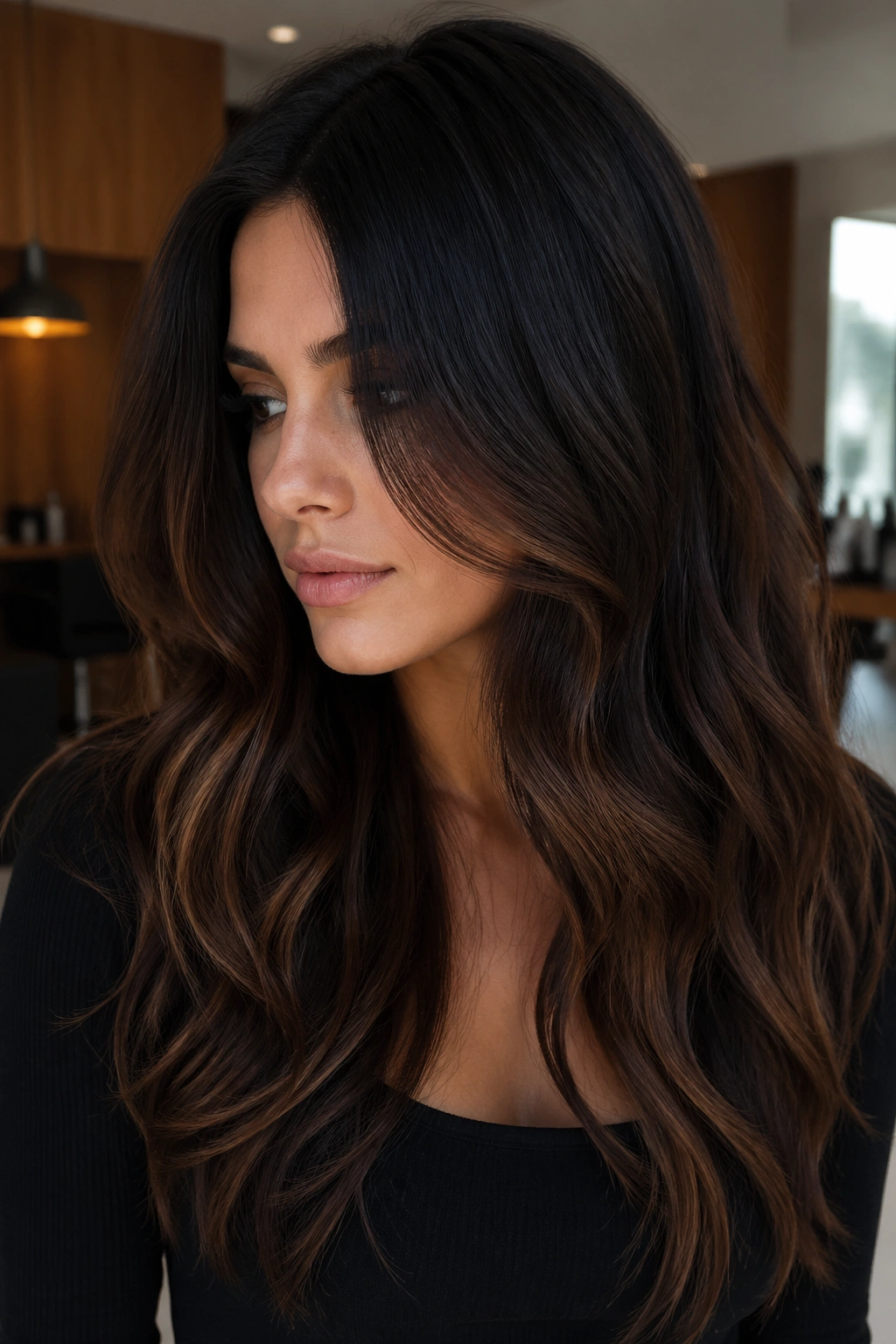 Close-up of a real woman with Midnight Mocha Balayage: deep base with mocha ends in warm salon lighting