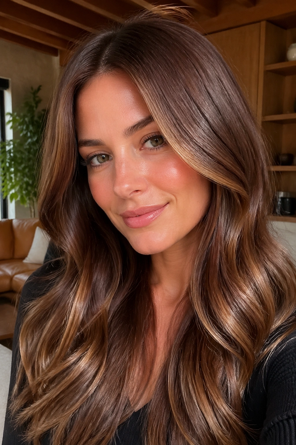 Close-up of a real woman with glossy milk chocolate brown hair and light front pieces.