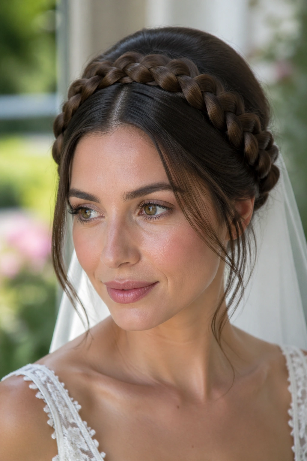 Close-up of a real bride wearing a milkmaid beehive braid around the head