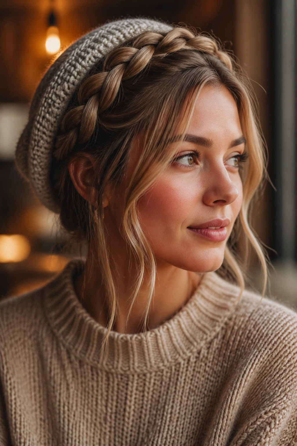 Real person with two milkmaid braids wrapped over the top of the head.