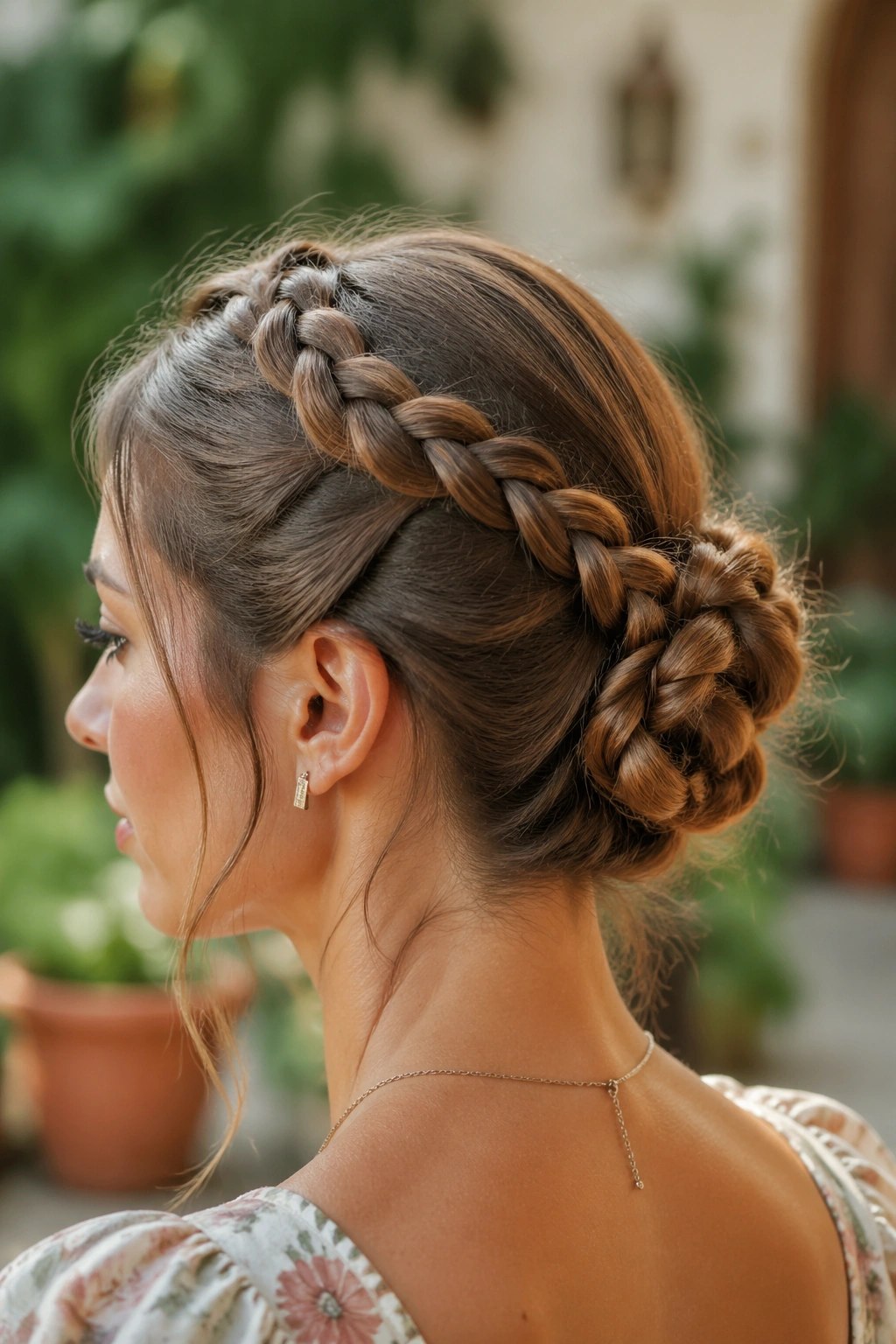 Close-up portrait of a real woman with milkmaid braids forming a back bun