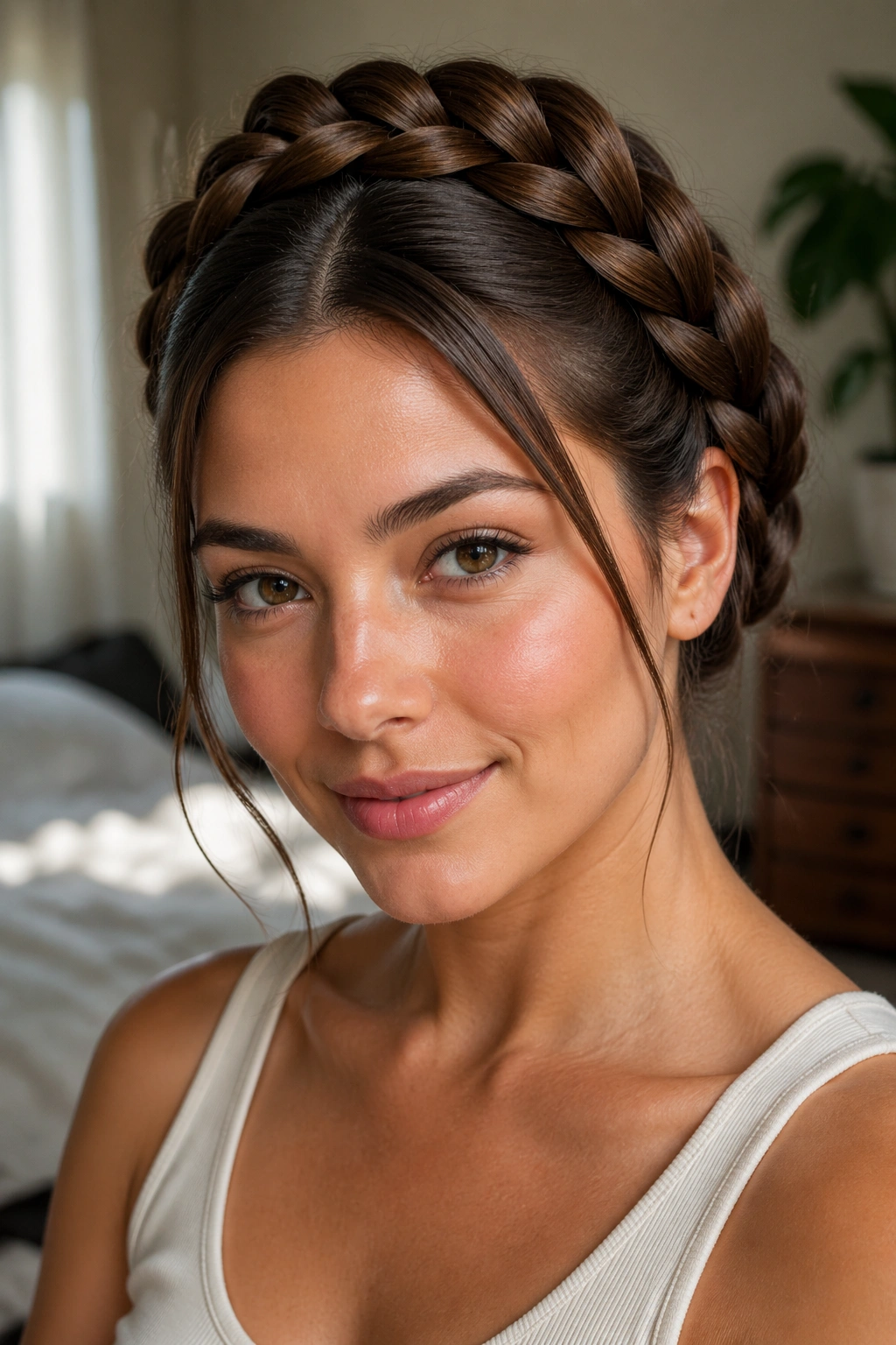 Close-up portrait of a real woman wearing a classic center-loop milkmaid braid across the crown