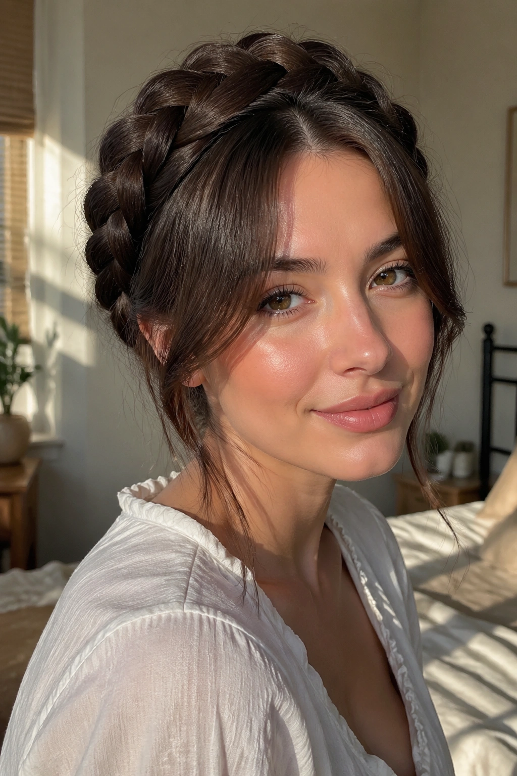 Real woman with milkmaid braids and center-part curtain bangs.