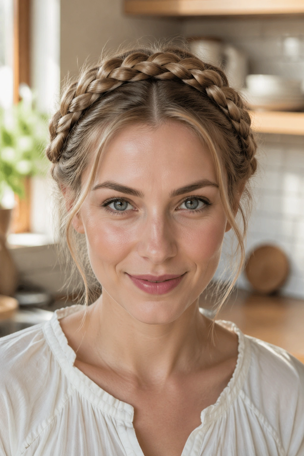 Close-up of a real person wearing milkmaid braids across the crown