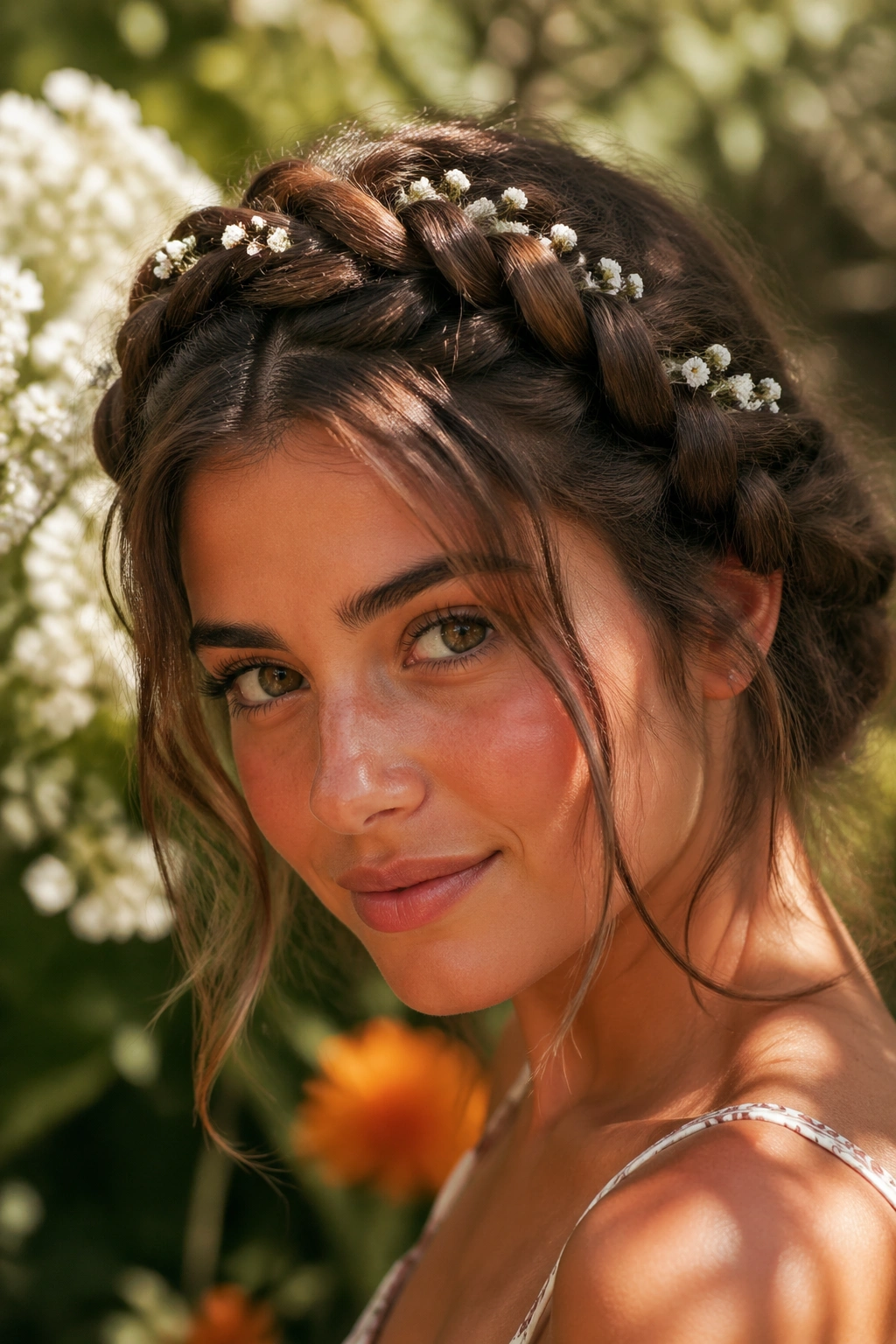 Close-up of a real woman wearing a Bohemian Milkmaid Braid with Tiny Flowers in a sunlit garden