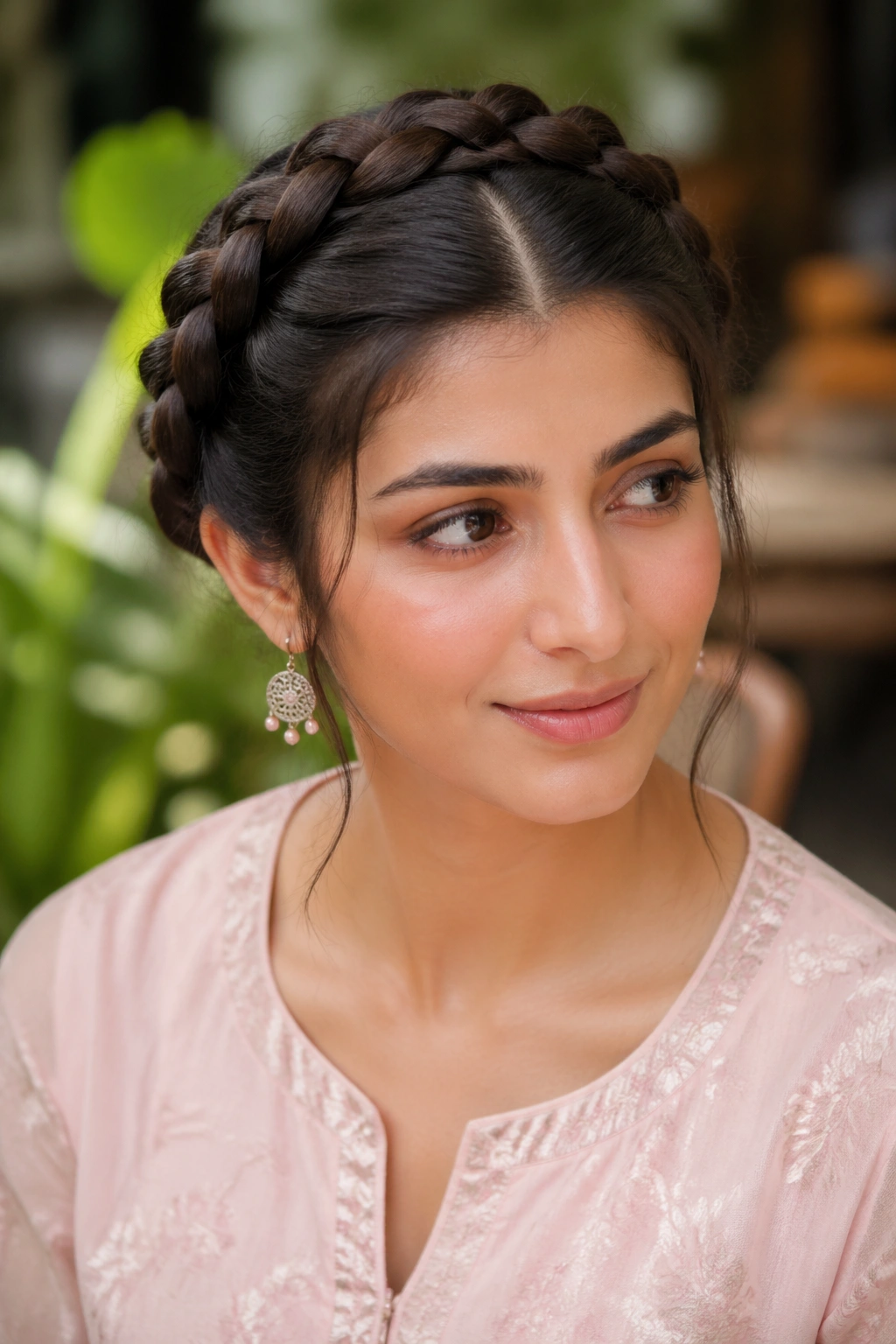Close-up portrait of a real woman with a milkmaid braid wrapped around her head in garden light
