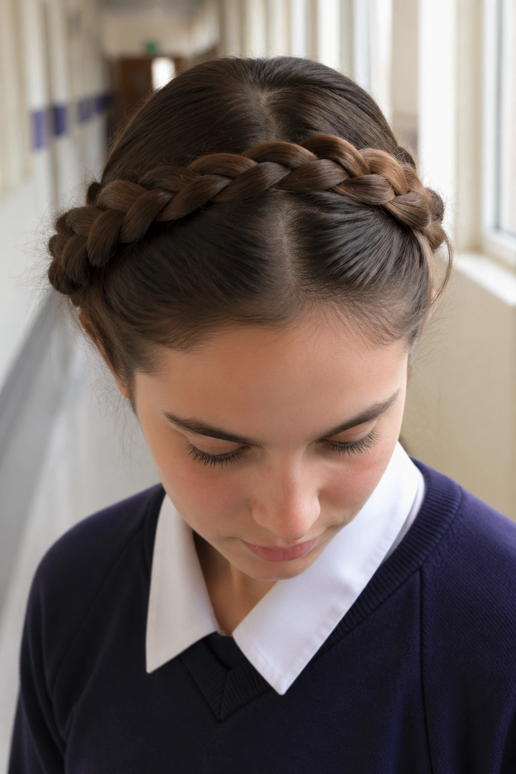 Close-up of a real person with two milkmaid braids across the crown