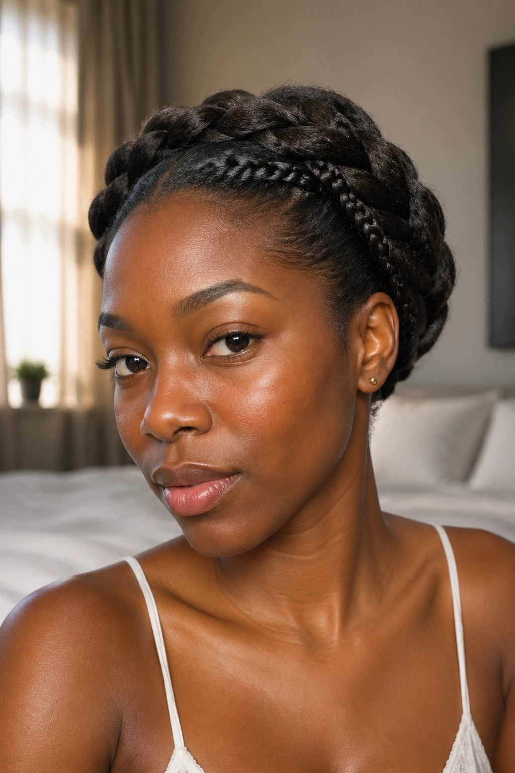 Close-up portrait of a real woman wearing a protective milkmaid braid for heavy hair days