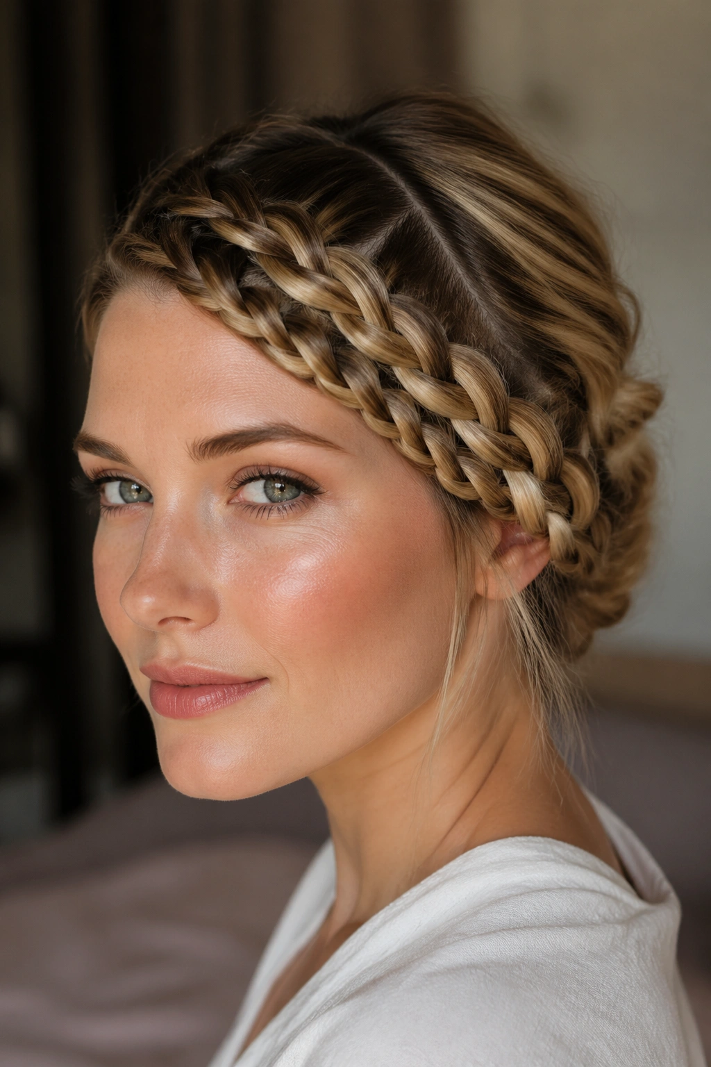 Close-up of a real woman with a side milkmaid braid crossing the forehead to the jaw.