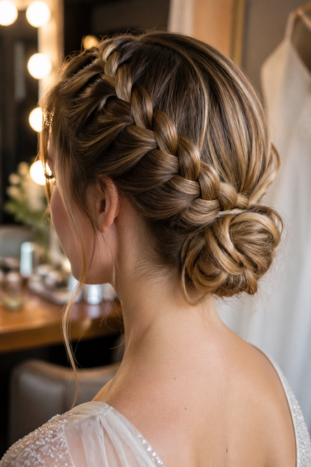 Close-up of a real woman with crown braids tucked into a low bun at the back