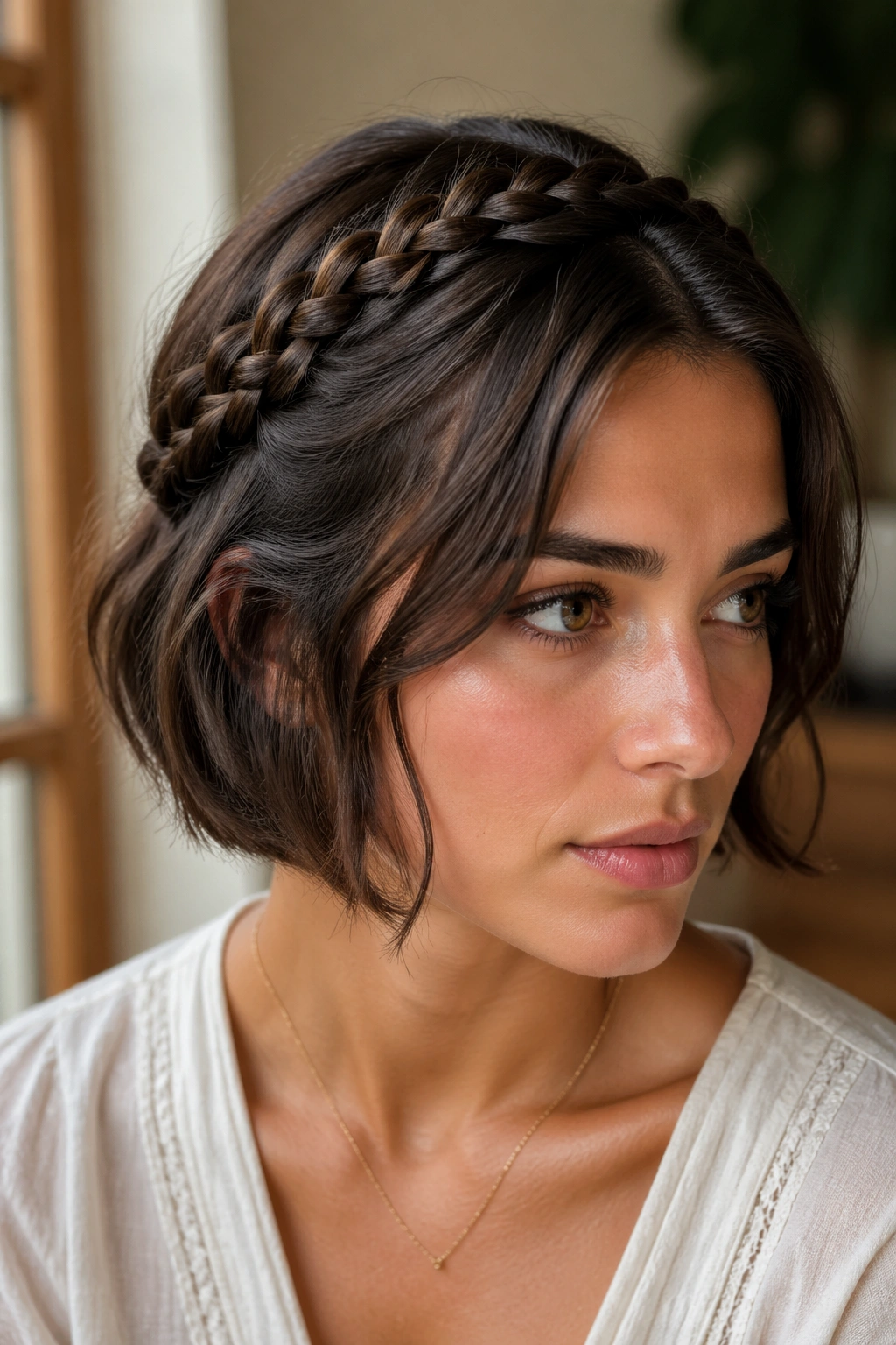 Close-up of a real woman wearing milkmaid braids with pinned ends