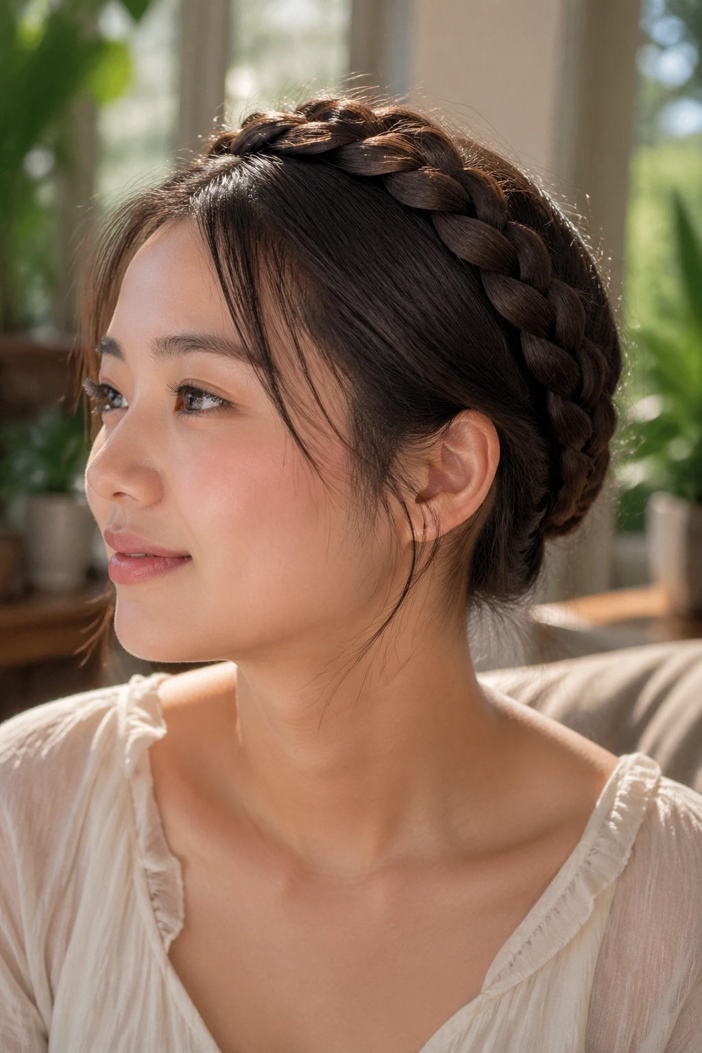 Close-up of two milkmaid braids crossing over the crown on a real woman's head