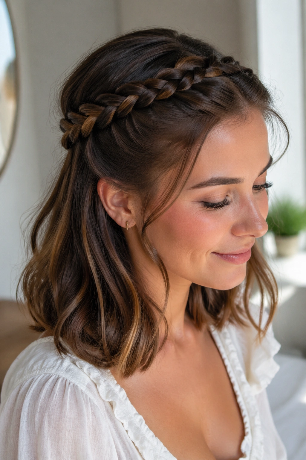 Close-up of a real woman with two milkmaid braids across the crown, shoulder-length hair