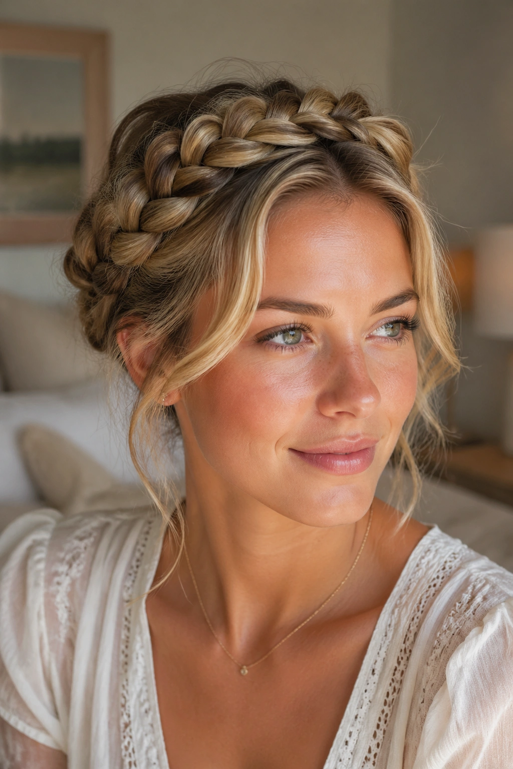 Close-up of a woman with two milkmaid braids crossing over the crown and loose front pieces