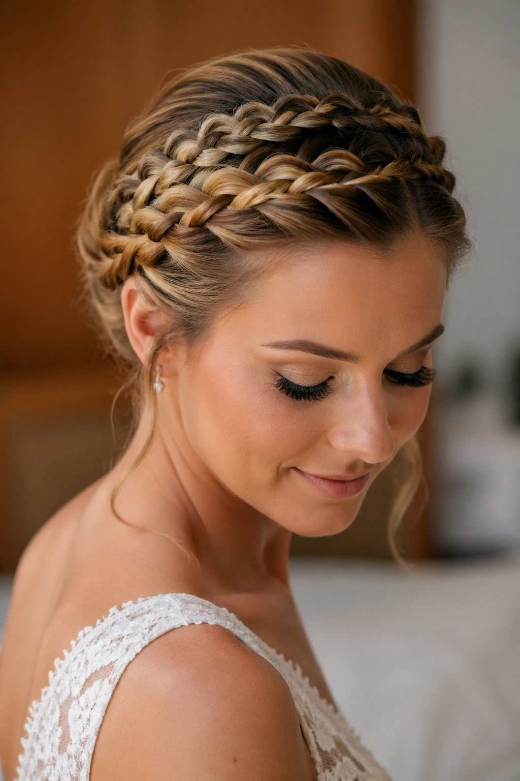 Close-up bride with milkmaid braids anchored cleanly across the crown