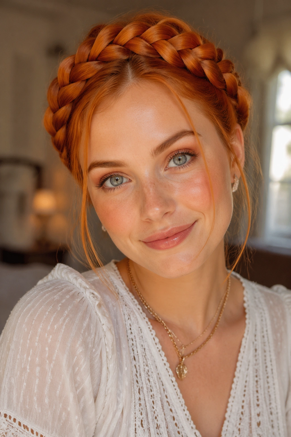 Portrait of a real person with crowned milkmaid braids in apricot tones.