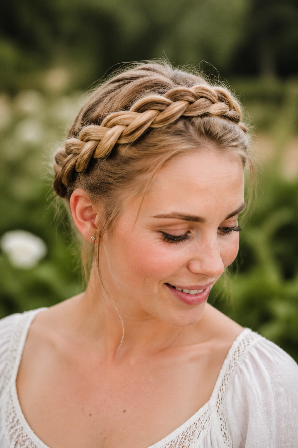 Close-up of two Dutch milkmaid braids crossing over the head